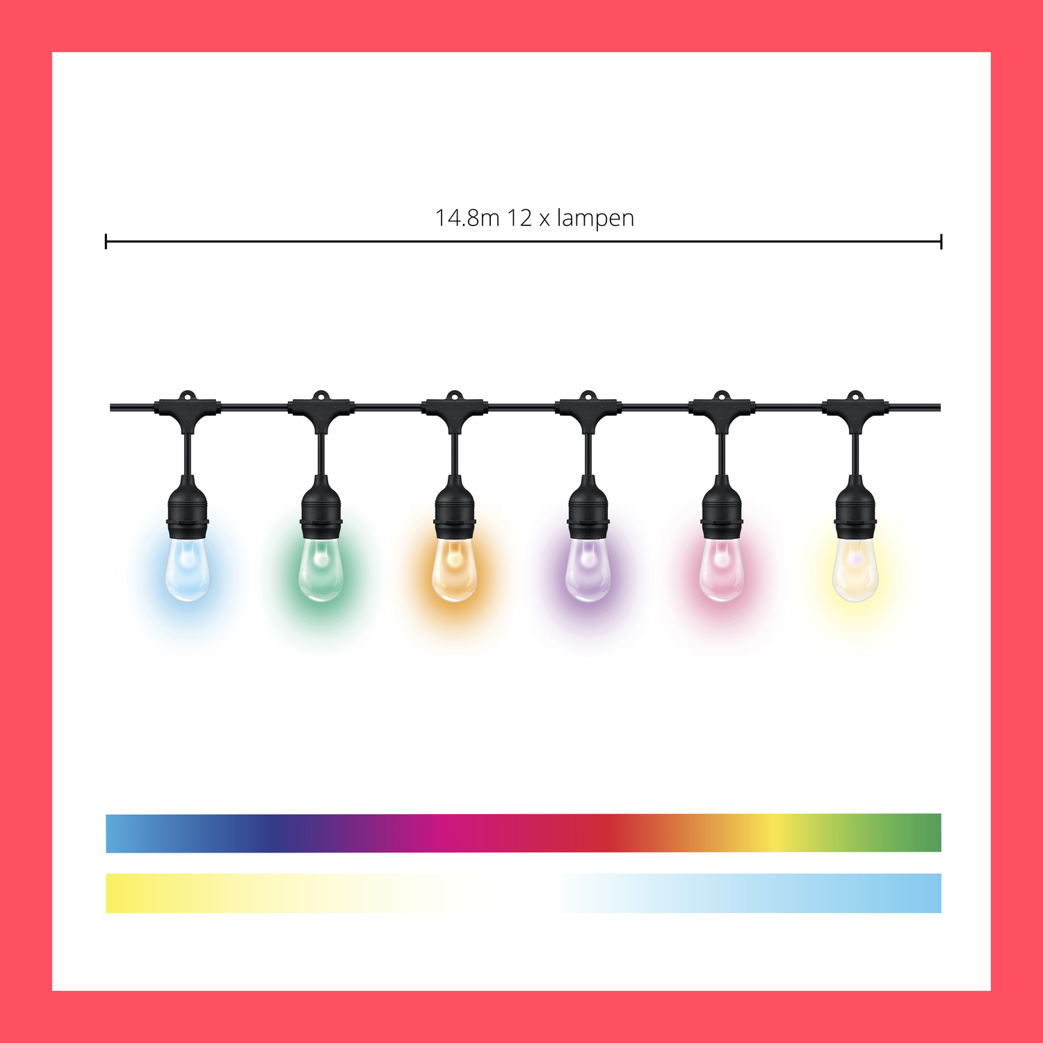A string of outdoor lights, with multiple colored bulbs, arranged in a row, on a red background.