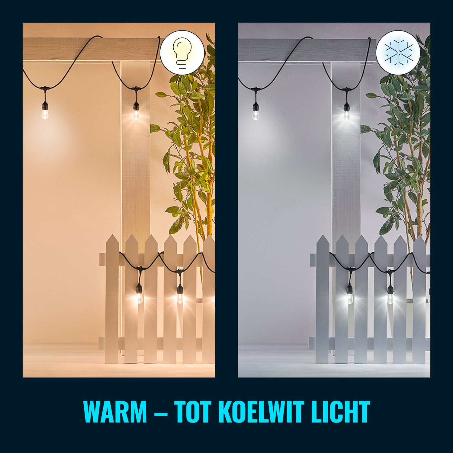 A scene showing two lighting options: warm and cool white light from string lights.