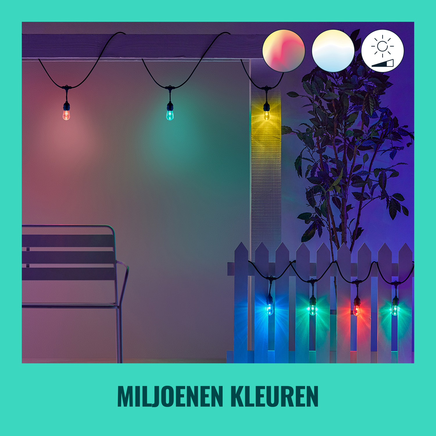 A string of colorful lights in front of a white fence, with text that says 'MILJOENEN KLEUREN'.