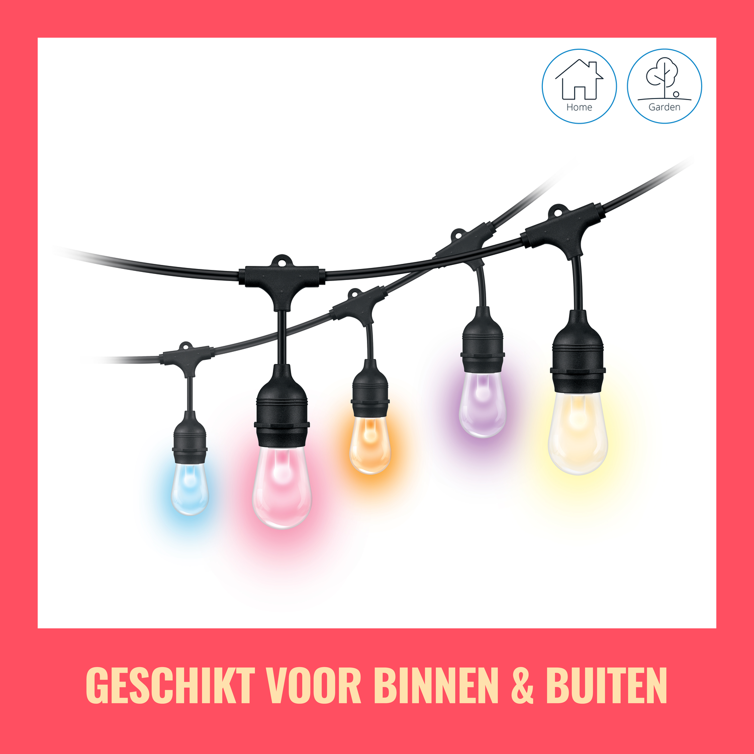 String lights with colorful bulbs. Text: Suitable for indoor & outdoor use.