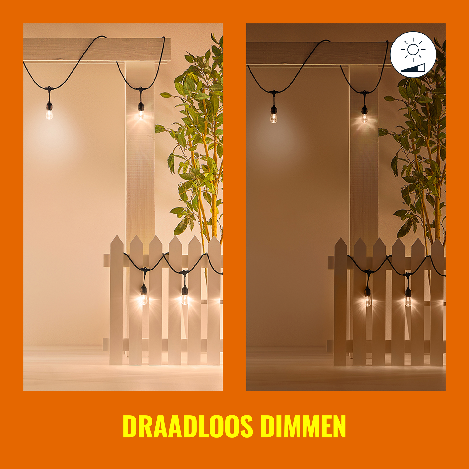Two scenes: string lights over a white fence and plants, with dimmer switch icon.