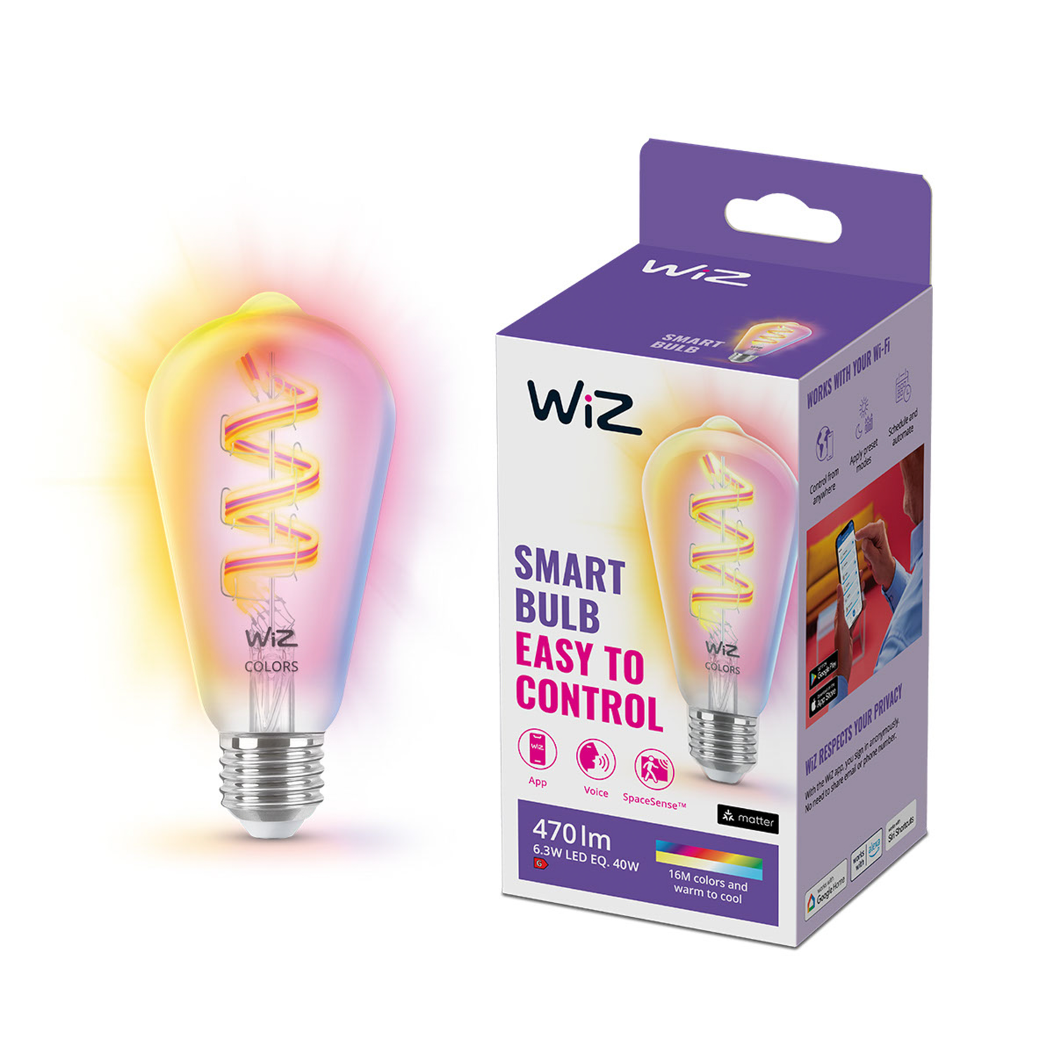 Wiz smart bulb in a box, colorful light, with a spiral filament.