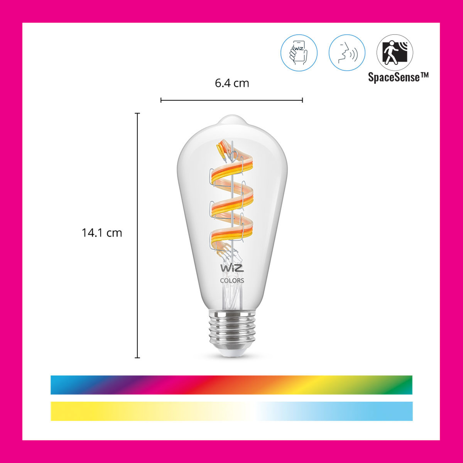 A light bulb with a spiral filament. It has dimensions of 14.1 cm and 6.4 cm and is on a pink background.