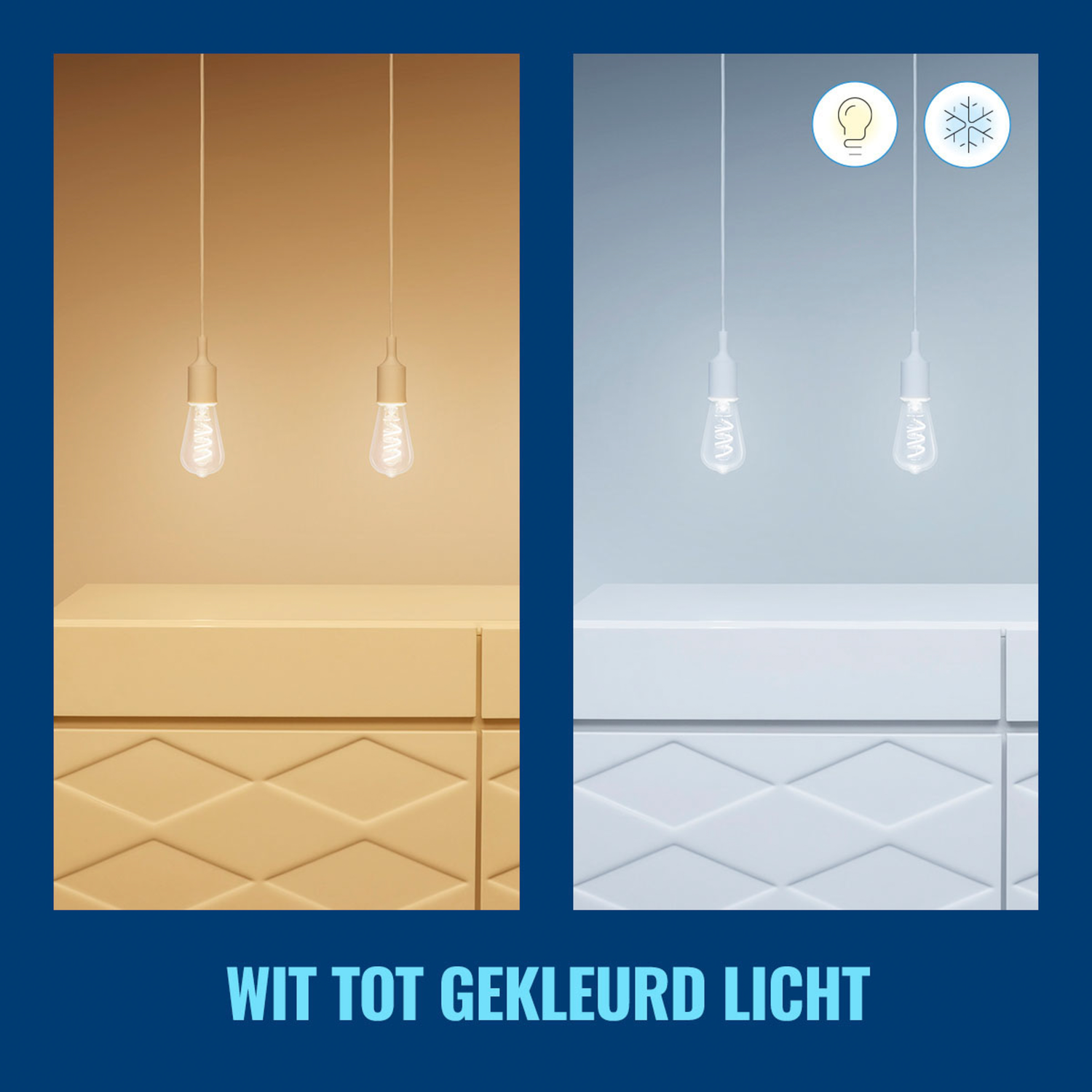 Two lights and a white cabinet. The light on the left is warm, and the light on the right is cool.