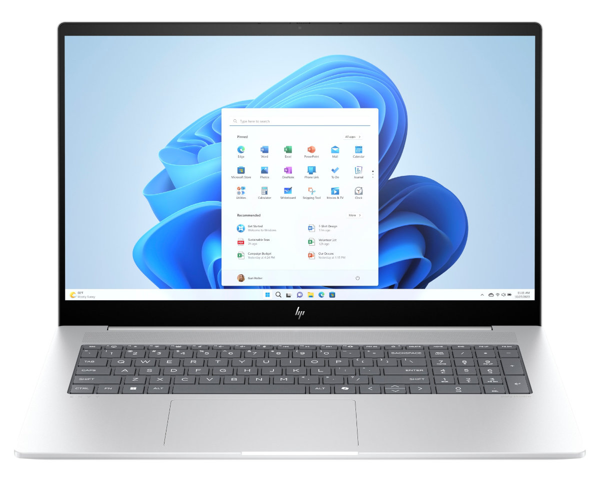 Srebrny laptop z interfejsem Windows 11 otwartym na białym tle. Widoczna klawiatura i ekran.