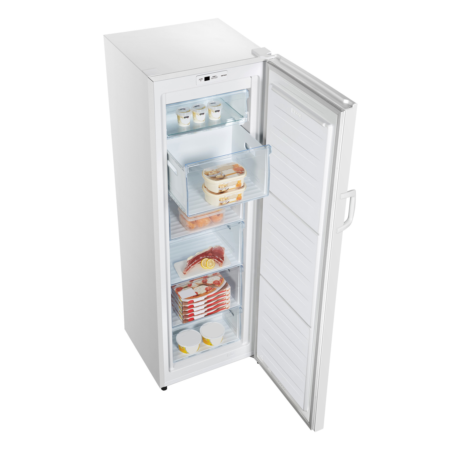 Un congélateur vertical blanc, porte ouverte, révélant étagères et aliments.