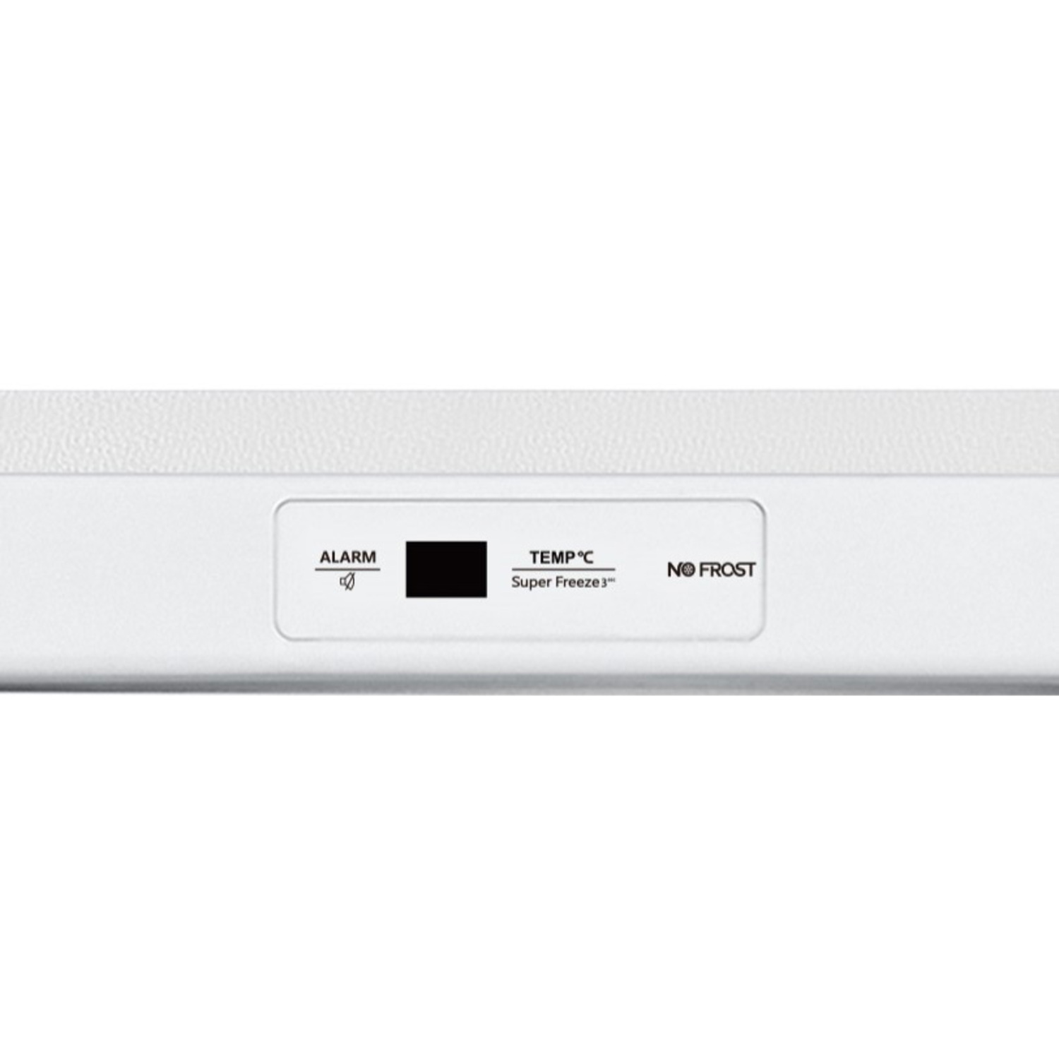 Panneau blanc avec les textes 'ALARM' et 'TEMP°C', et le texte 'NO FROST'.