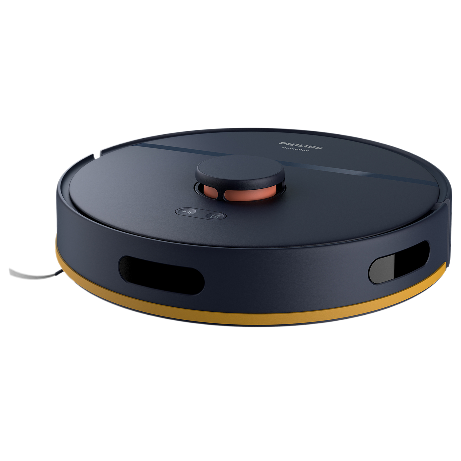 Aspirateur robot bleu foncé avec des détails oranges. Il a des boutons sur le dessus et un bord jaune.