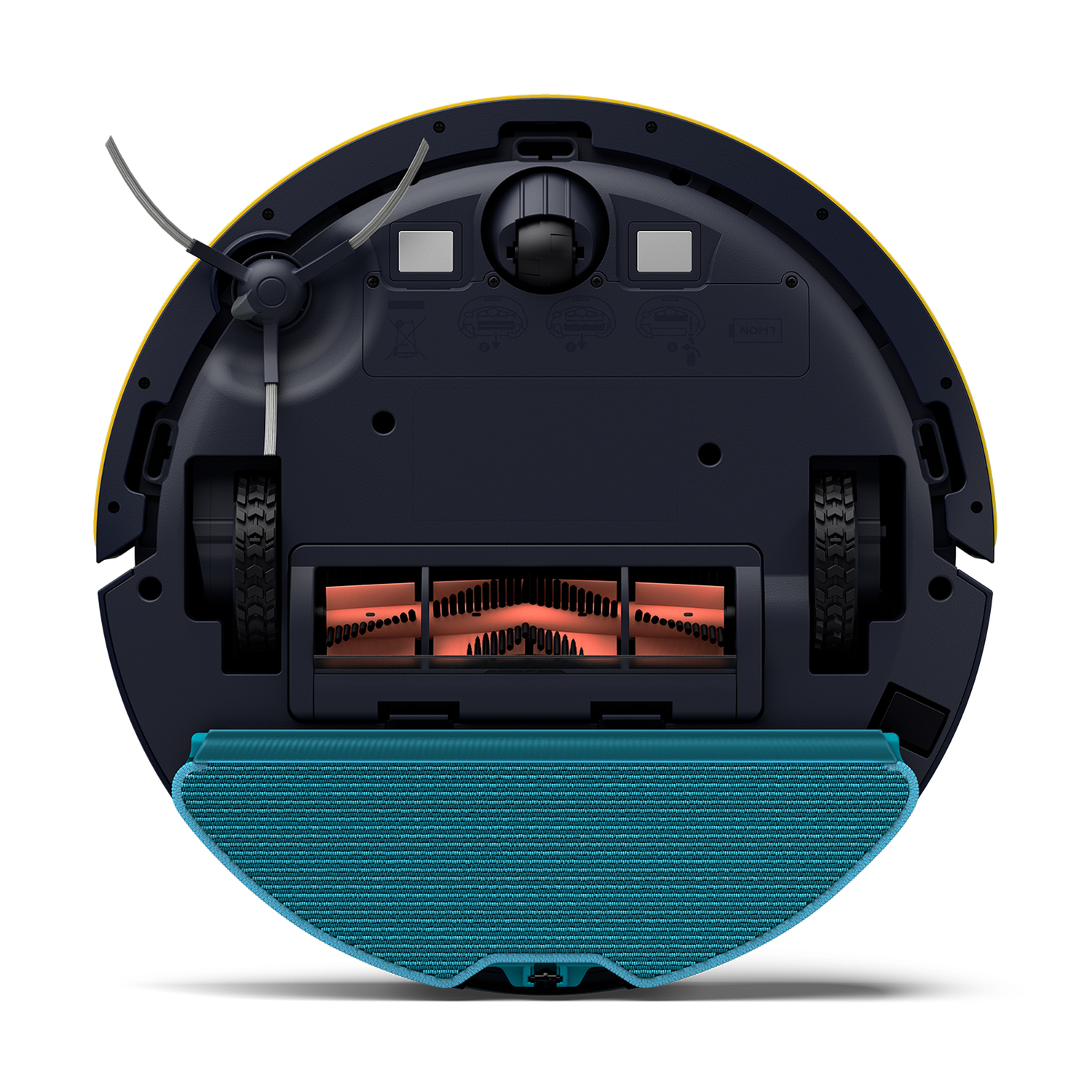 Vue aérienne d'un robot aspirateur rond avec des détails bleus, noirs et jaunes.
