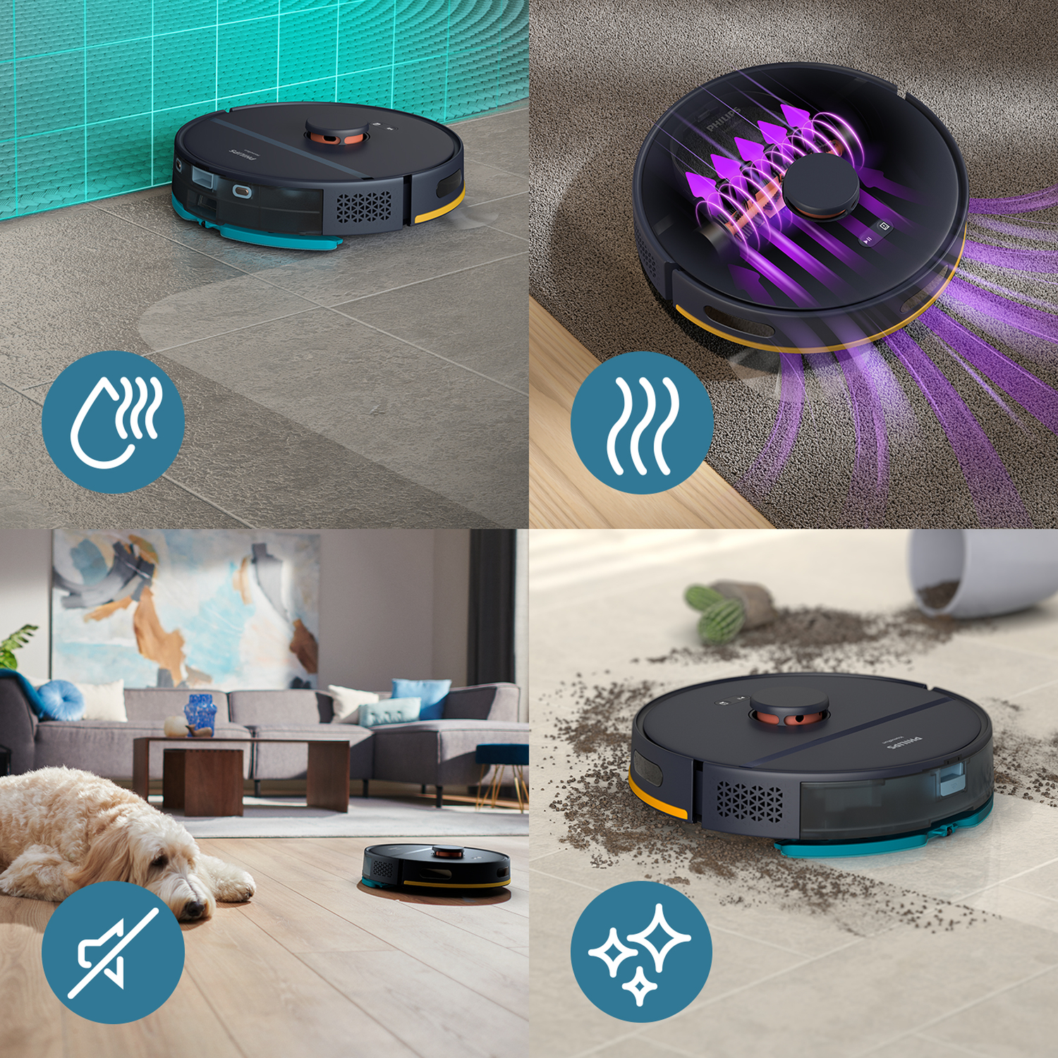 Aspirateurs robots dans un montage, démontrant le nettoyage sur différentes surfaces.