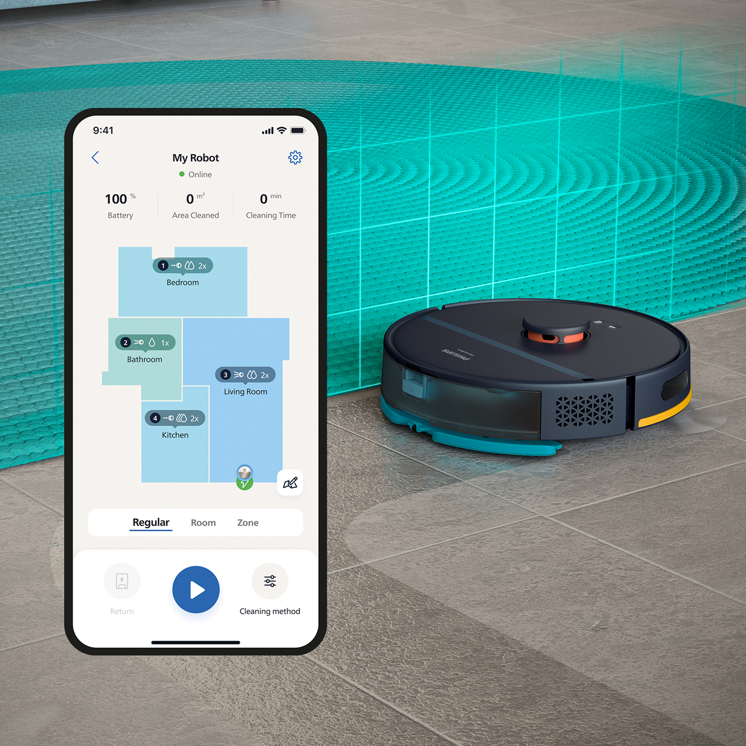 Aspirateur robot et un smartphone affichant une carte de la maison. Disposition des pièces affichée.