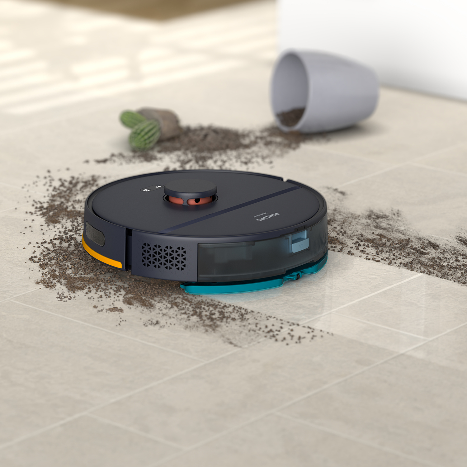 Un aspirateur robot noir nettoyant un sol carrelé, avec de la saleté éparpillée et un pot renversé.