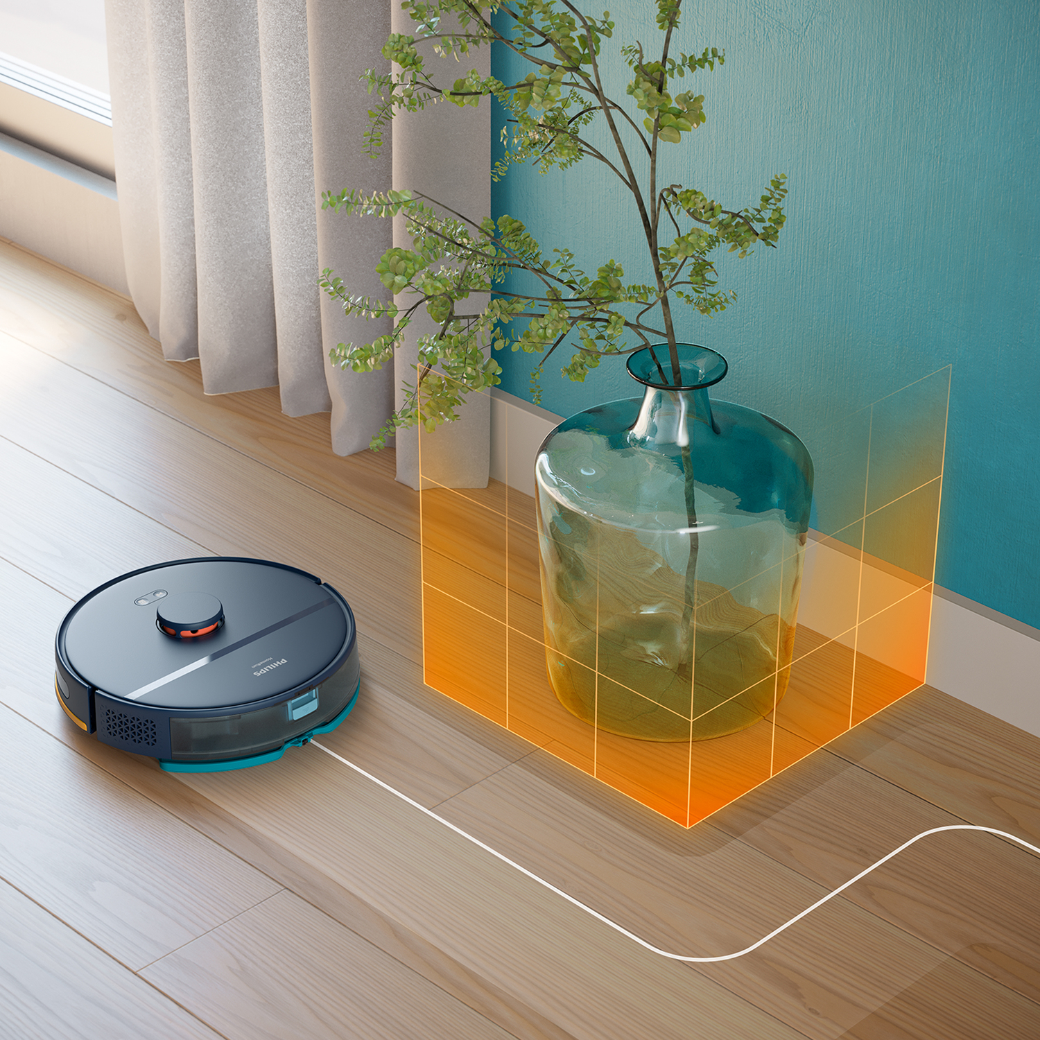 Aspirateur robot, vase avec plante sur plancher en bois, mur bleu.