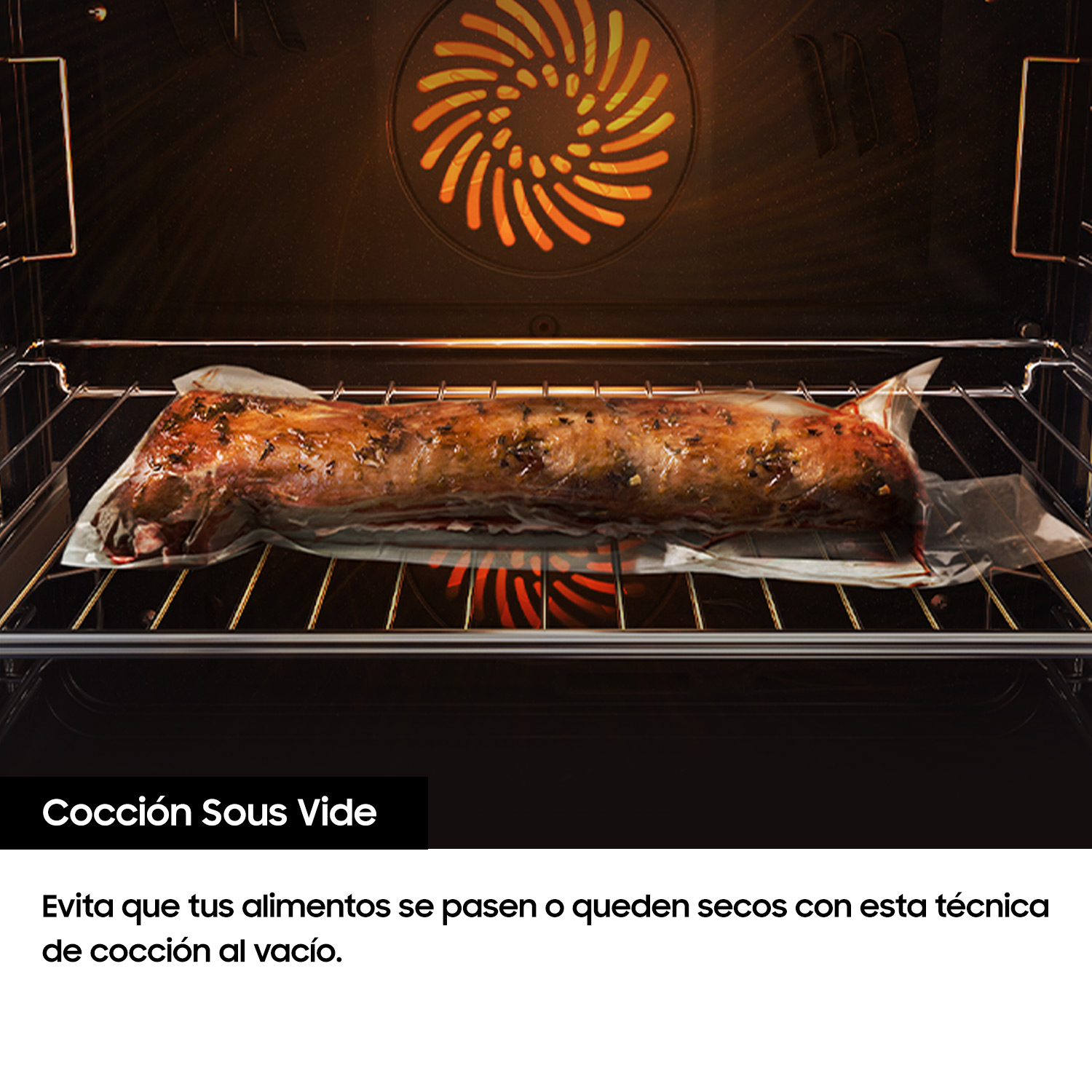 Un plato de carne cocinada en una bolsa transparente dentro de un horno, con texto sobre cocina sous vide.