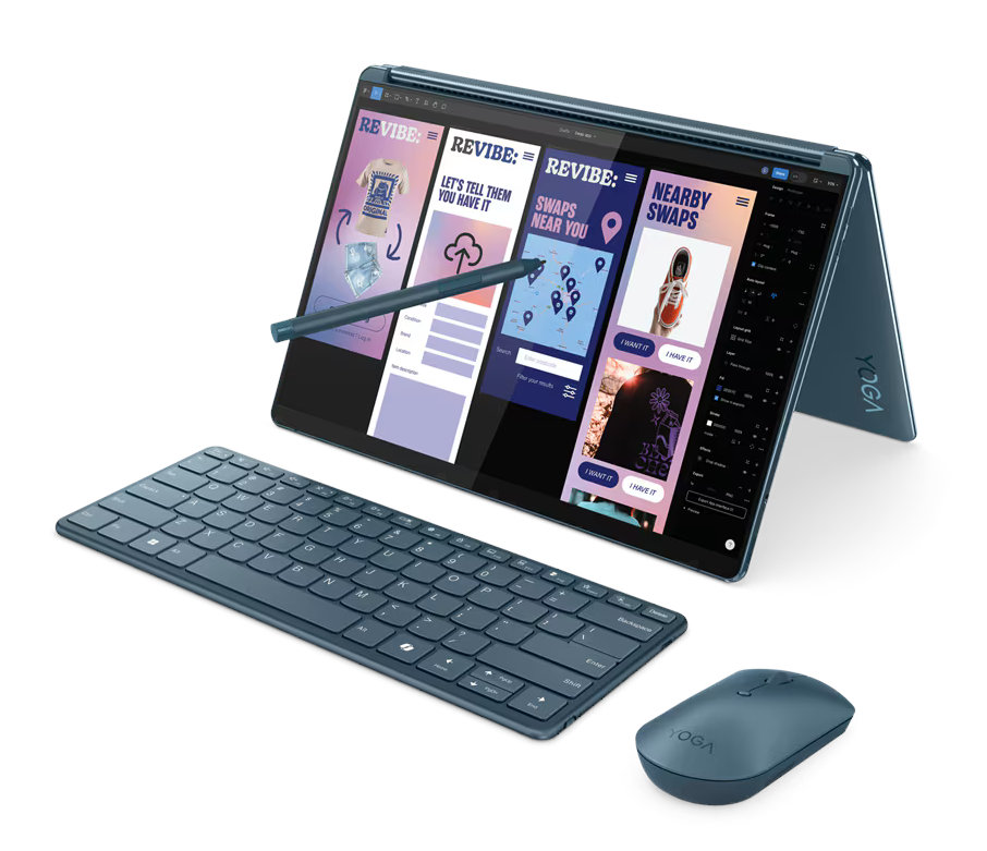 Niebieski laptop z klawiaturą i myszką. Ekran laptopa wyświetla stronę internetową z różnymi elementami. Na ekranie znajduje się rysik.