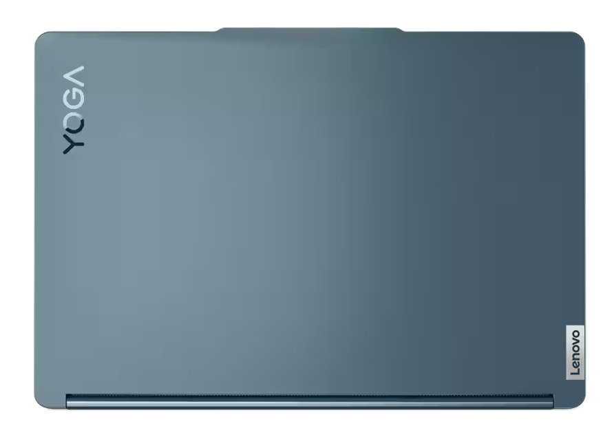 Widok z góry na niebieski laptop Lenovo Yoga. Słowo 'YOGA' jest wydrukowane na srebrno, a 'Lenovo' po prawej stronie.
