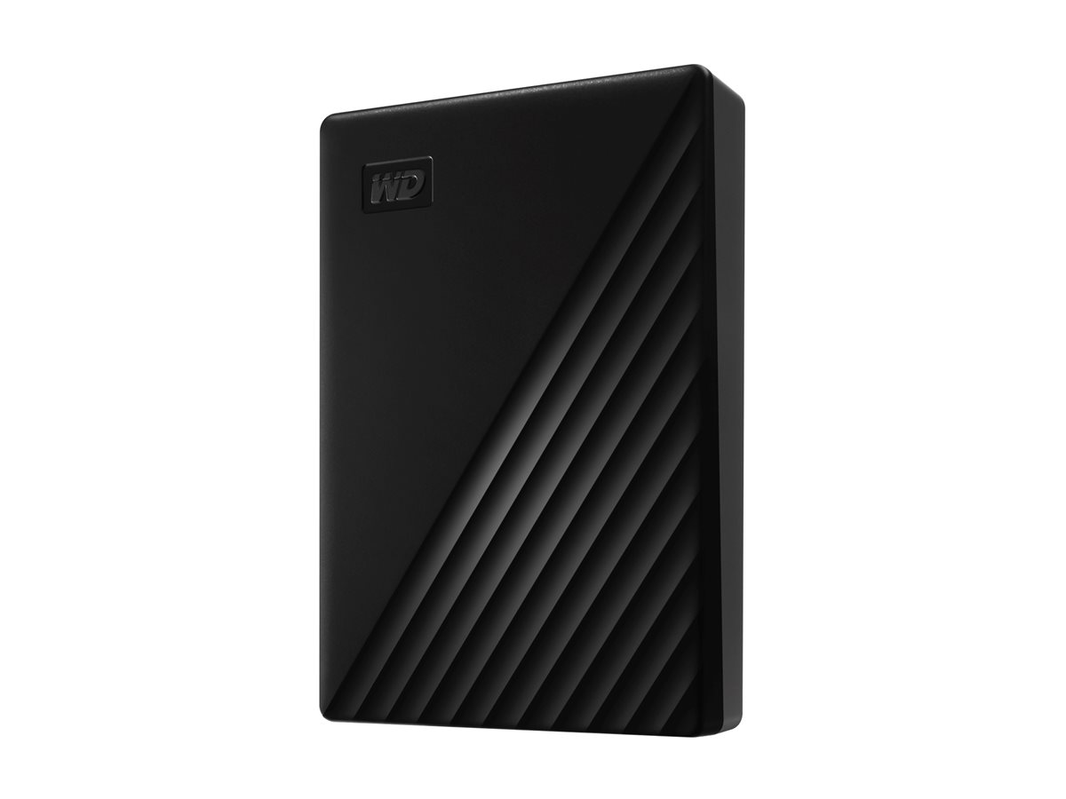 Schwarze externe Festplatte mit diagonalen Linien auf weißer Oberfläche.