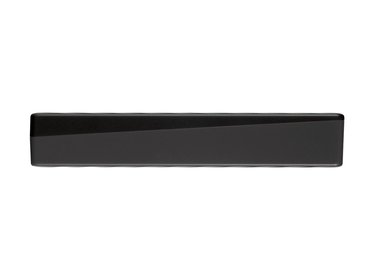 Draufsicht auf ein schwarzes rechteckiges Gerät. Es hat eine glatte, reflektierende Oberfläche.
