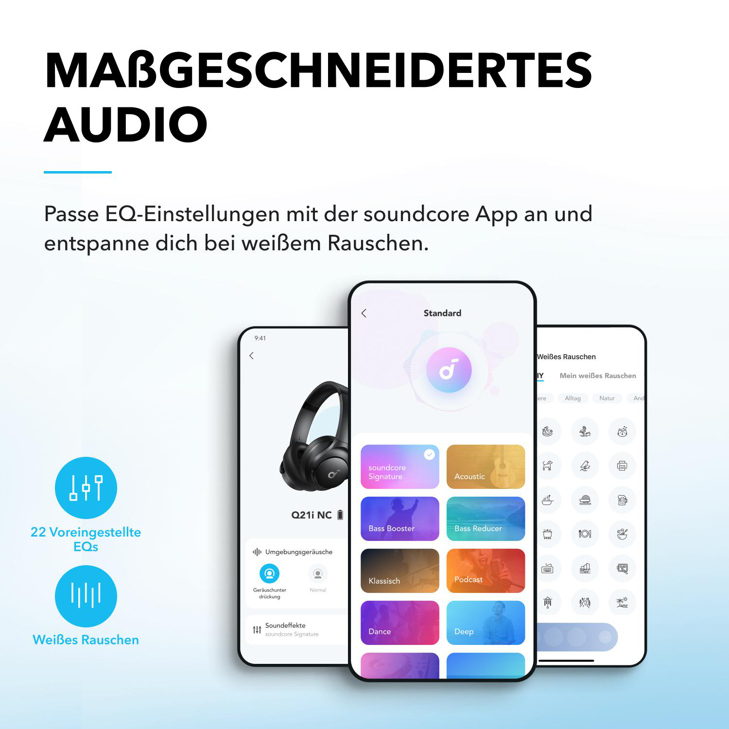 Drei Smartphone-Bildschirme mit Kopfhörer-App-Oberfläche, die EQ-Einstellungen und Soundeffekte zeigen.