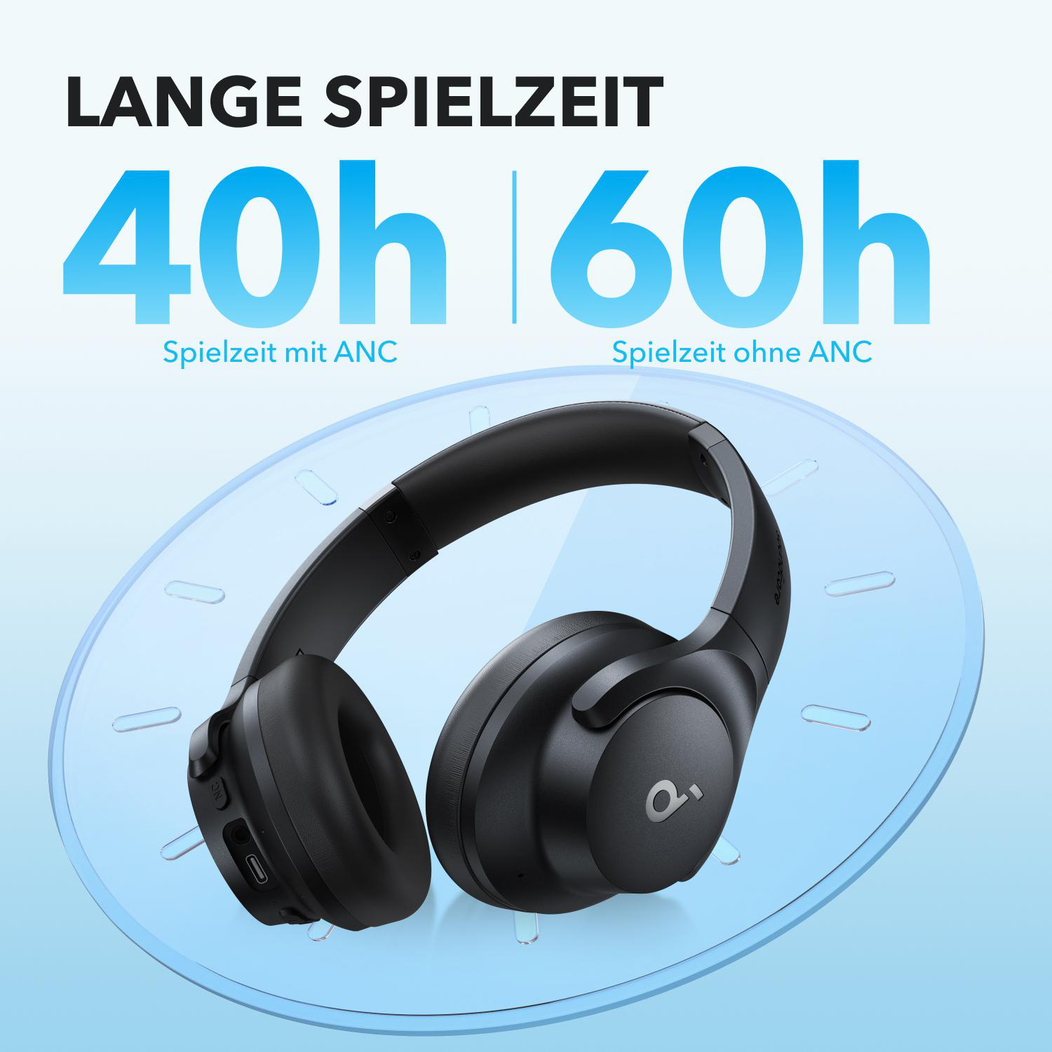 Schwarze Kopfhörer mit Zeitdauern 40h|60h und dem Text Lange Spielzeit.