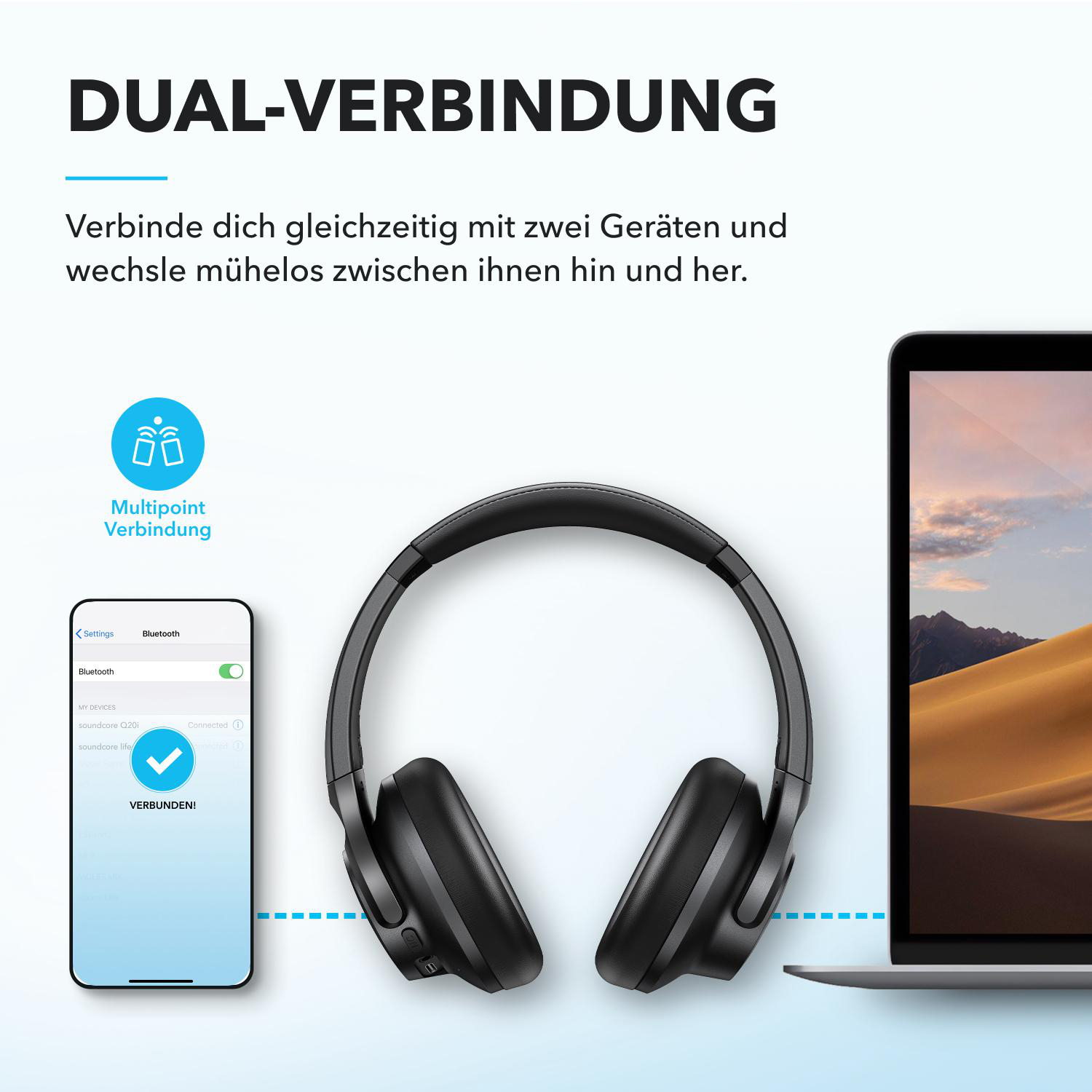 Kopfhörer und Telefon zeigen Dual-Connection-Funktion. Laptop im Hintergrund.