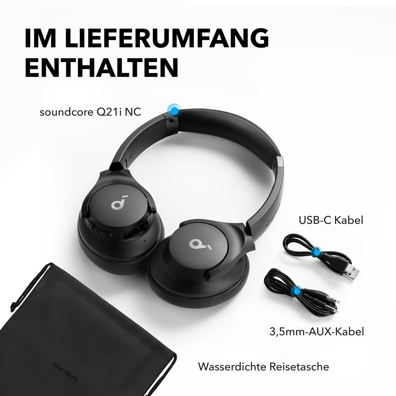 Schwarze Kopfhörer mit Ladecase und Kabeln. Text zeigt Modell soundcore Q21i NC.