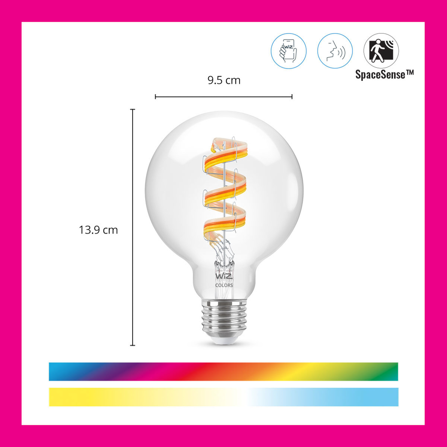 A light bulb with a spiral filament. Dimensions are marked. It is in a pink frame.