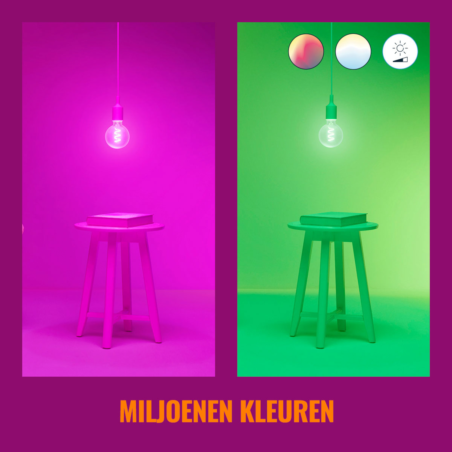 Two scenes: a light bulb over a table, color changes from pink to green, with dimmer.