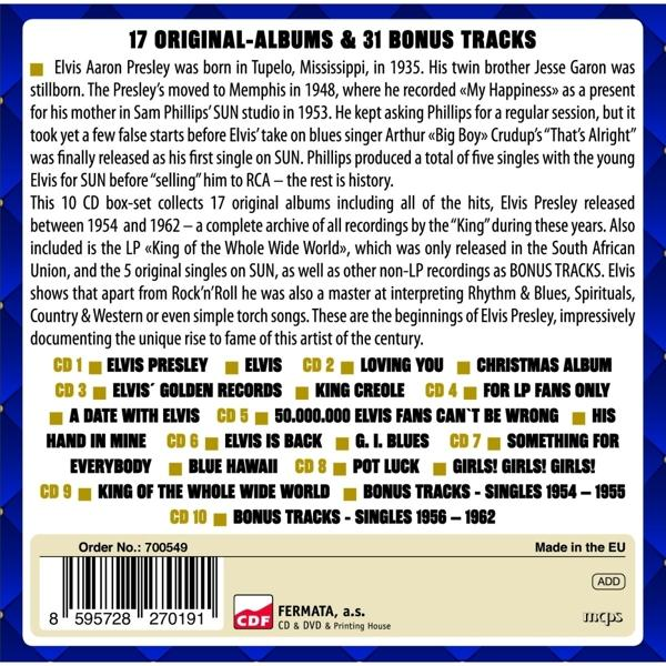 CD-Hülle mit Text über Elvis Presley, Albumtiteln und Bonustracks.
