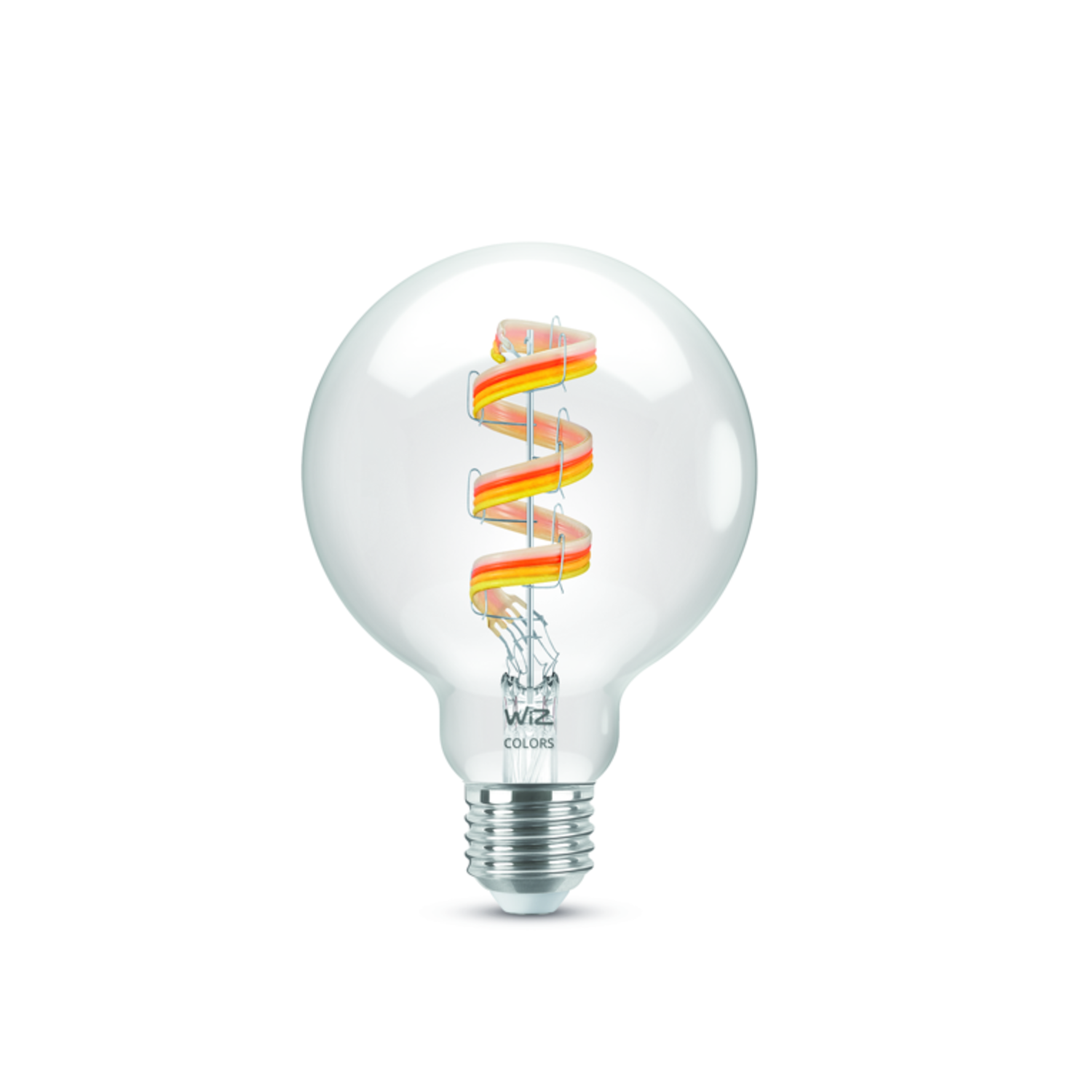A clear light bulb with a spiral filament, showcasing WiZ Colors branding.