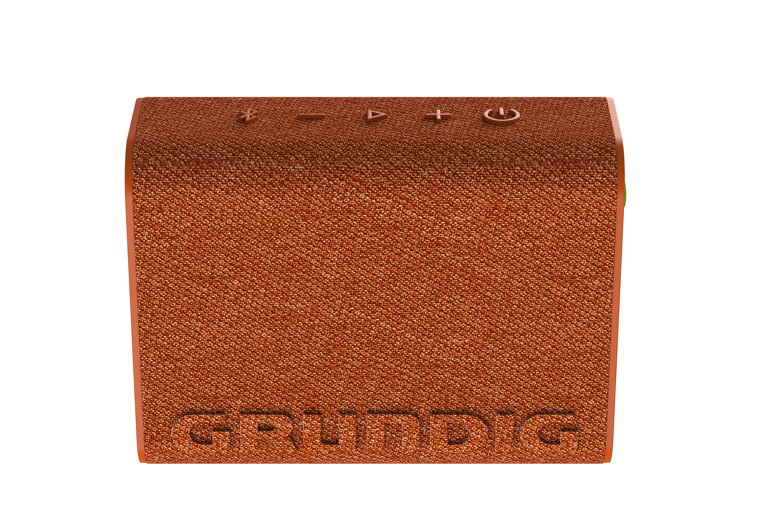 Grundig logolu turuncu hoparlör. Üst kısımda ses ve güç düğmeleri var.