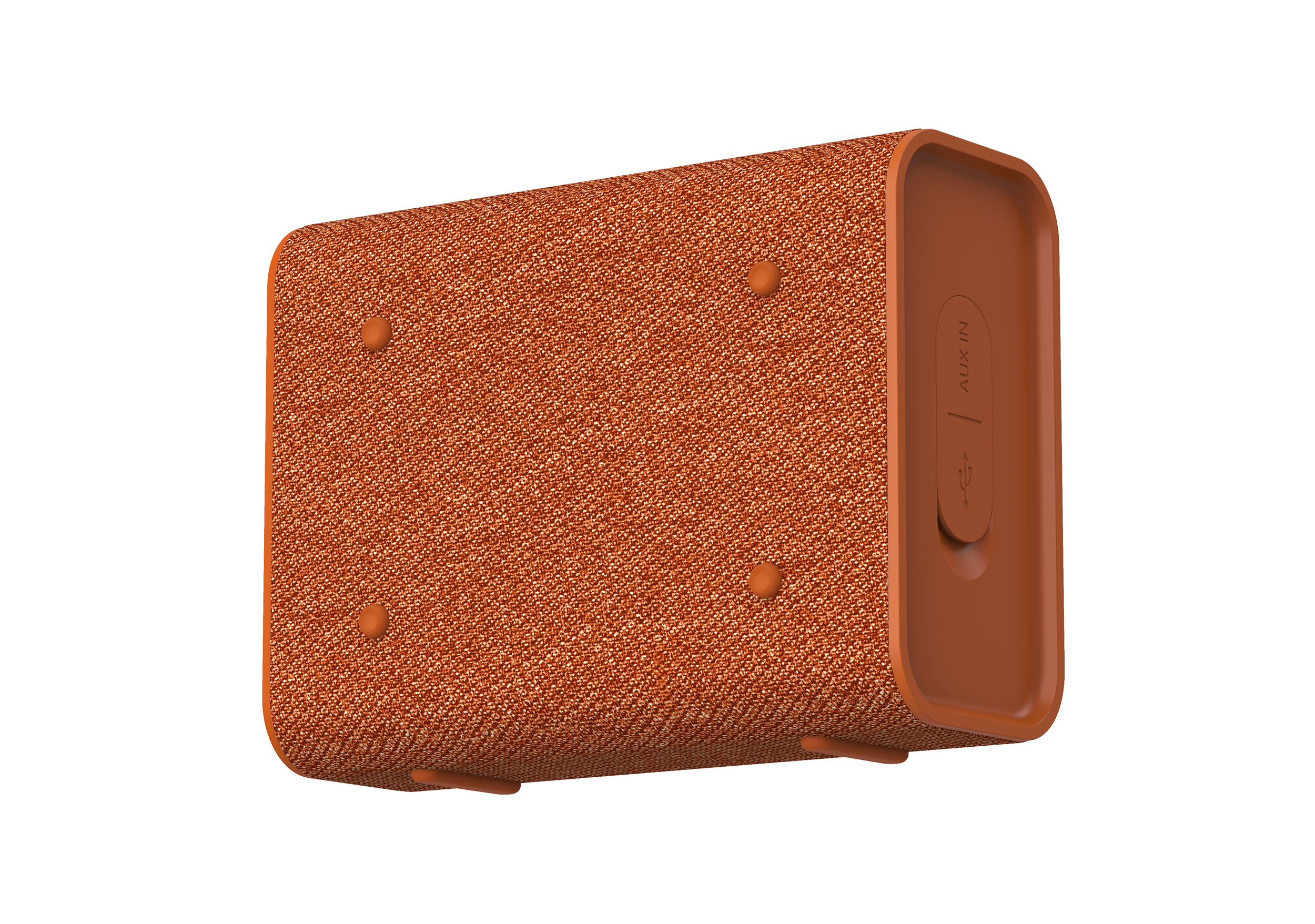 Turuncu hoparlör, yan bağlantı noktası detayları. Kumaş dokusu, AUX ve USB bağlantı noktaları.