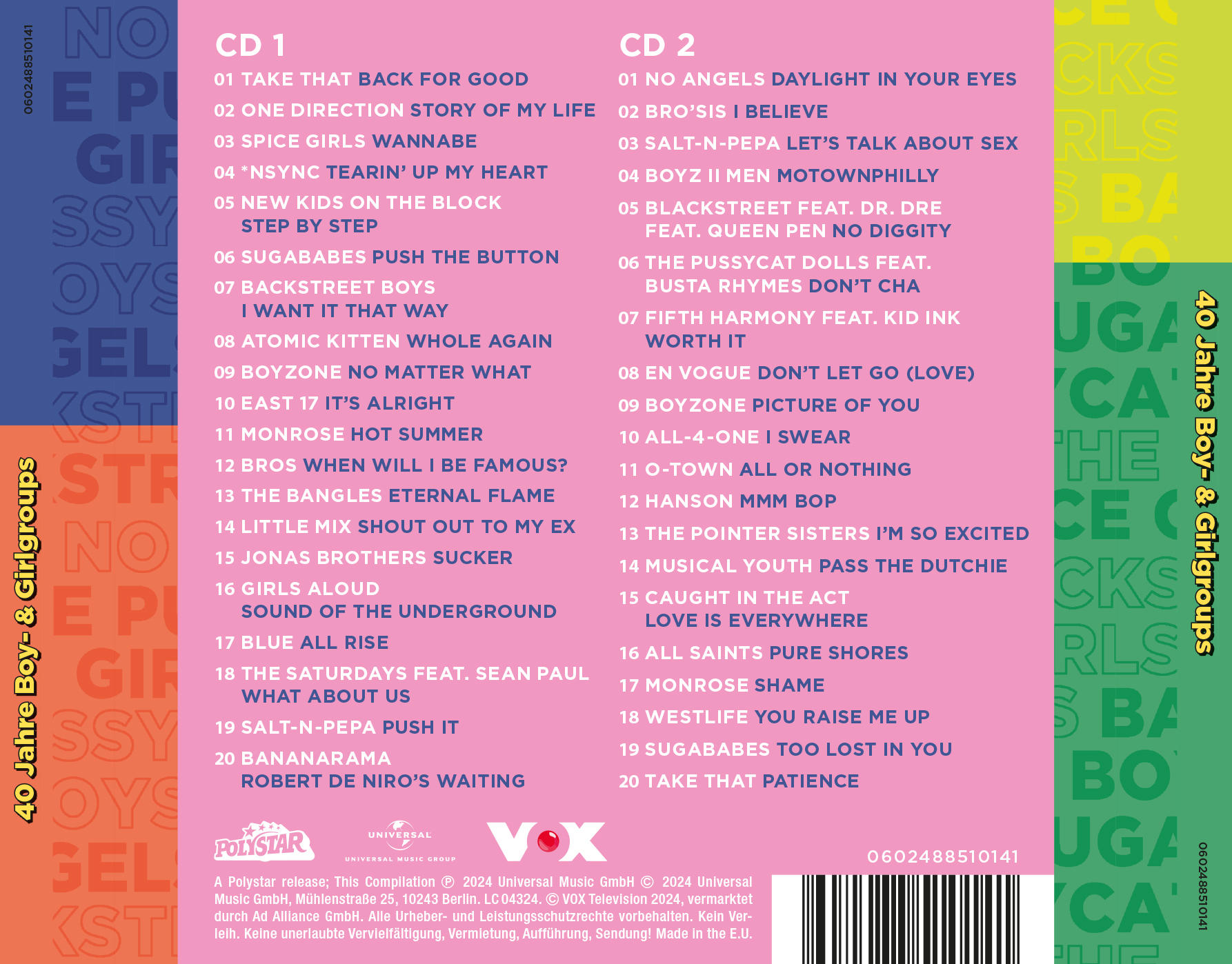 Albumcover mit Text, der Songs auflistet. Der Titel lautet '40 Jahre Boy- & Girlgroups'. Der Hintergrund ist bunt.