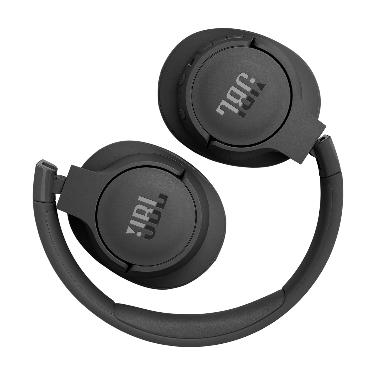Schwarze JBL-Kopfhörer, zusammengeklappt, mit JBL-Logo auf Ohrmuscheln und Bügel.