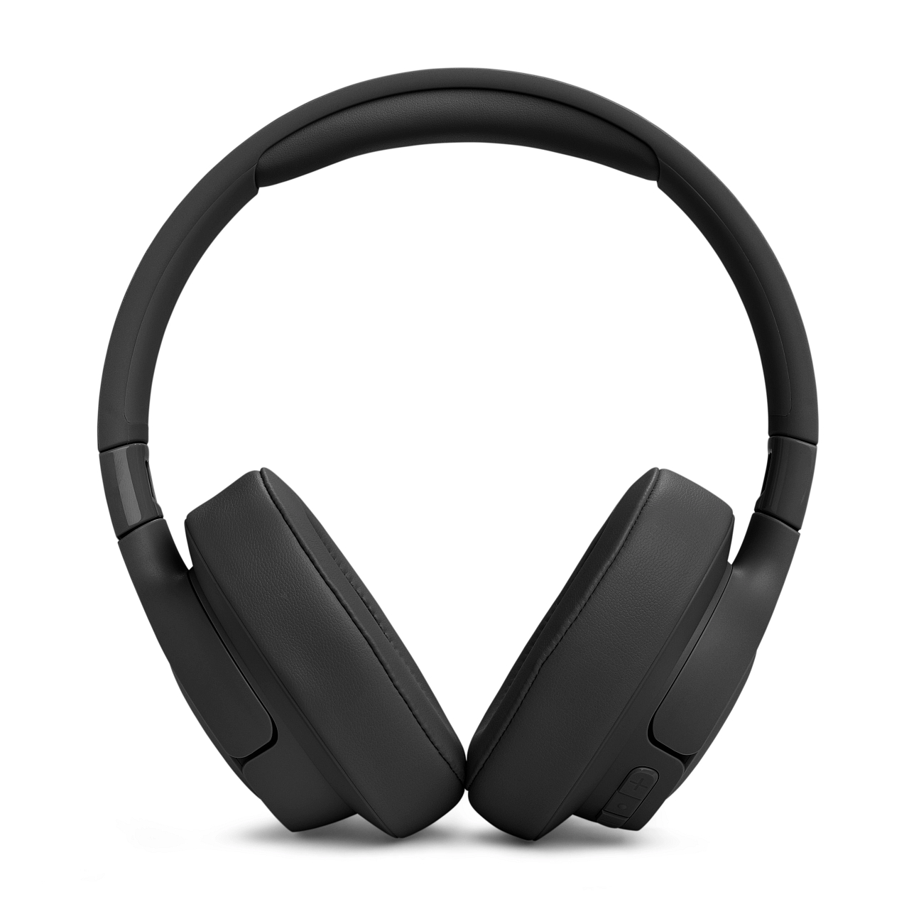 Schwarze Over-Ear-Kopfhörer auf weißem Hintergrund, zum Betrachter geneigt.