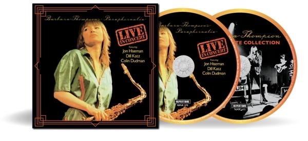 Albumcover mit einer Frau, die Saxophon spielt, mit Text. Zwei CDs sichtbar.