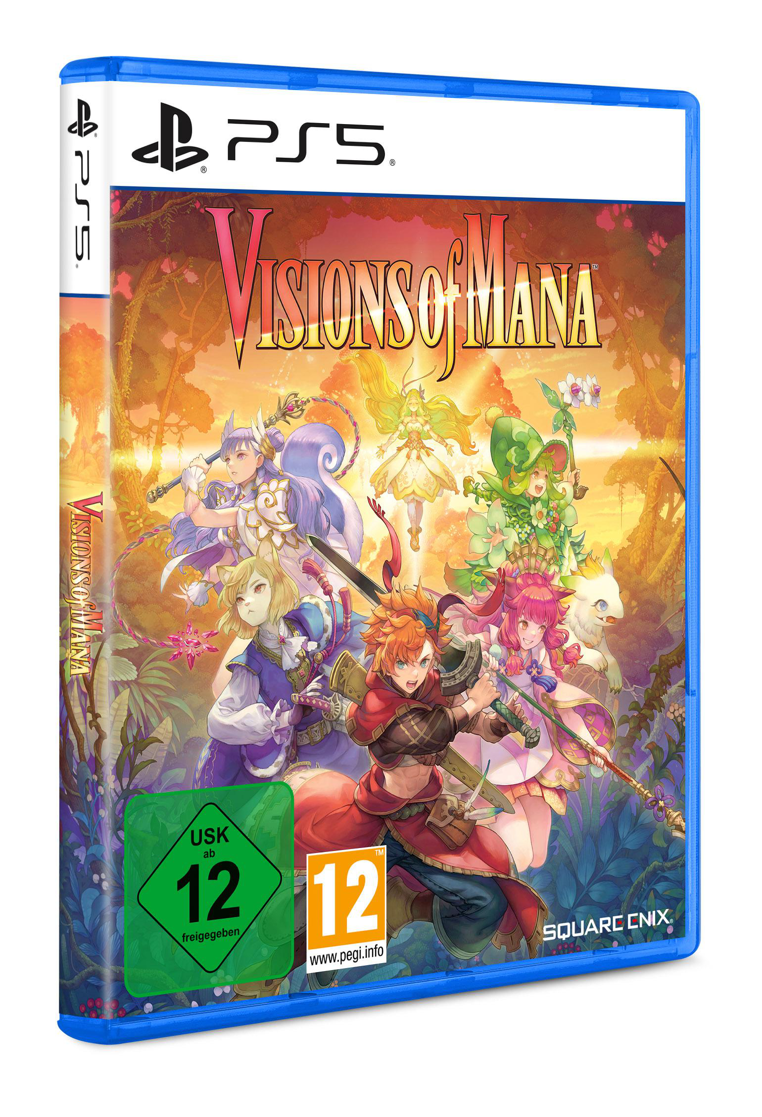PS5-Spielhülle, Visions of Mana, mit bunten Charakteren und einem Waldhintergrund.