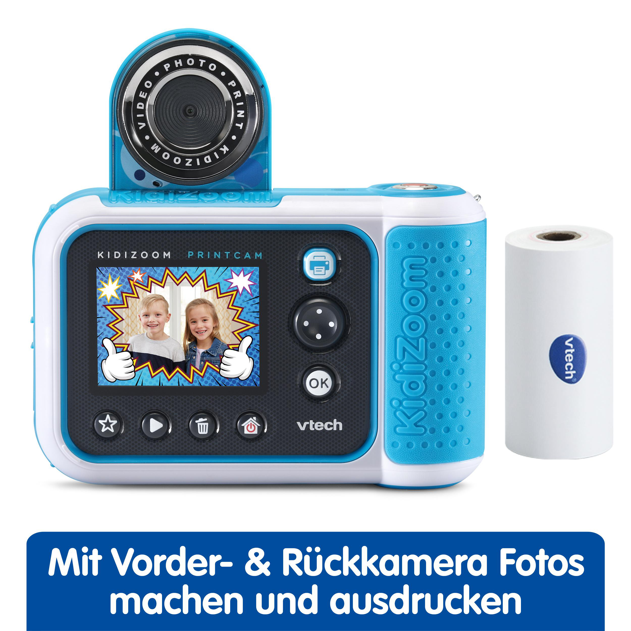 Eine blaue und weiße Kidizoom PrintCam-Kamera mit einer Papierrolle daneben. Text darunter lautet: Fotos drucken.