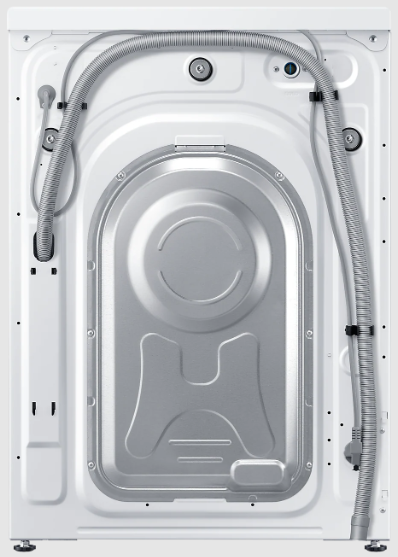 Tył białej pralki z metalową płytą. Widoczne węże i przewody.