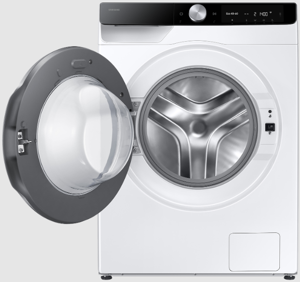 Biała pralka z otwartymi drzwiami, pokazująca wnętrze. Maszyna jest czysta i nowocześnie wyglądająca.