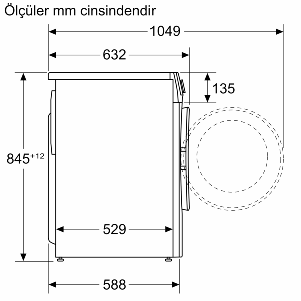 Bir çamaşır makinesinin milimetre cinsinden boyutlarını gösteren yandan görünümü.