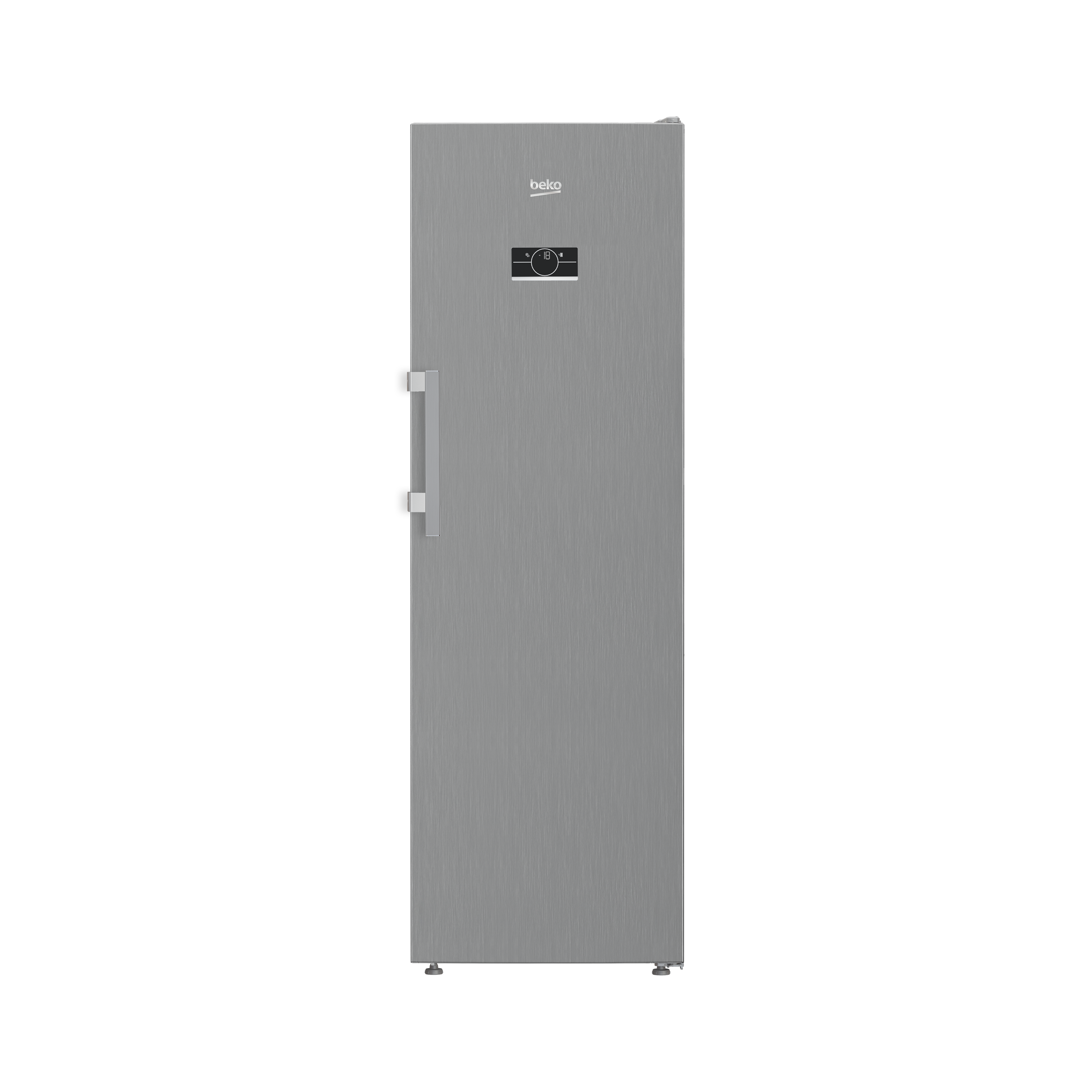 Ein silberner Beko-Kühlschrank vor schwarzem Hintergrund. Die Tür hat einen Griff und ein digitales Display.