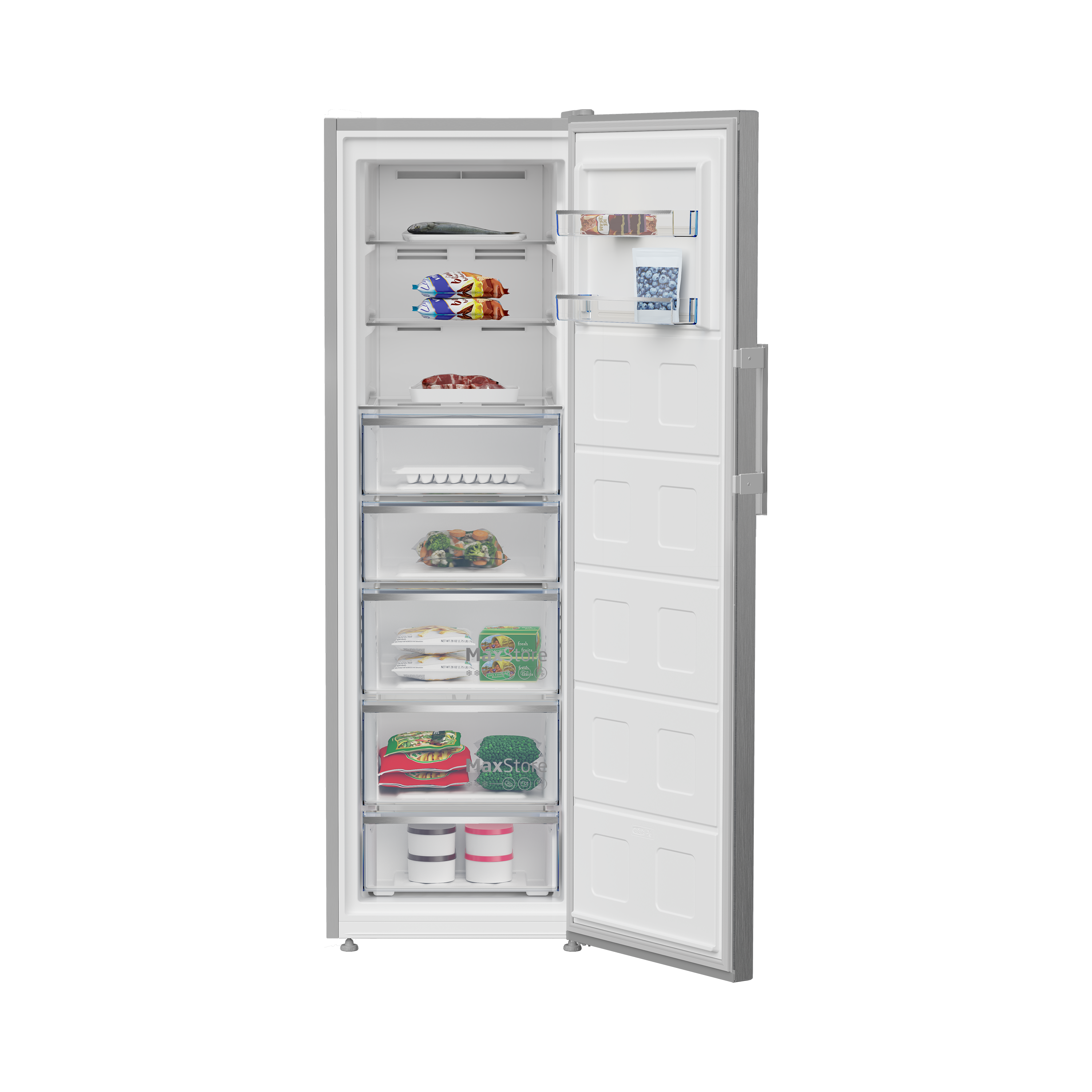 Offener silberner Kühlschrank mit verschiedenen Tiefkühlkost in Fächern. Tür offen, Inhalt sichtbar. Weiße Innenausstattung.