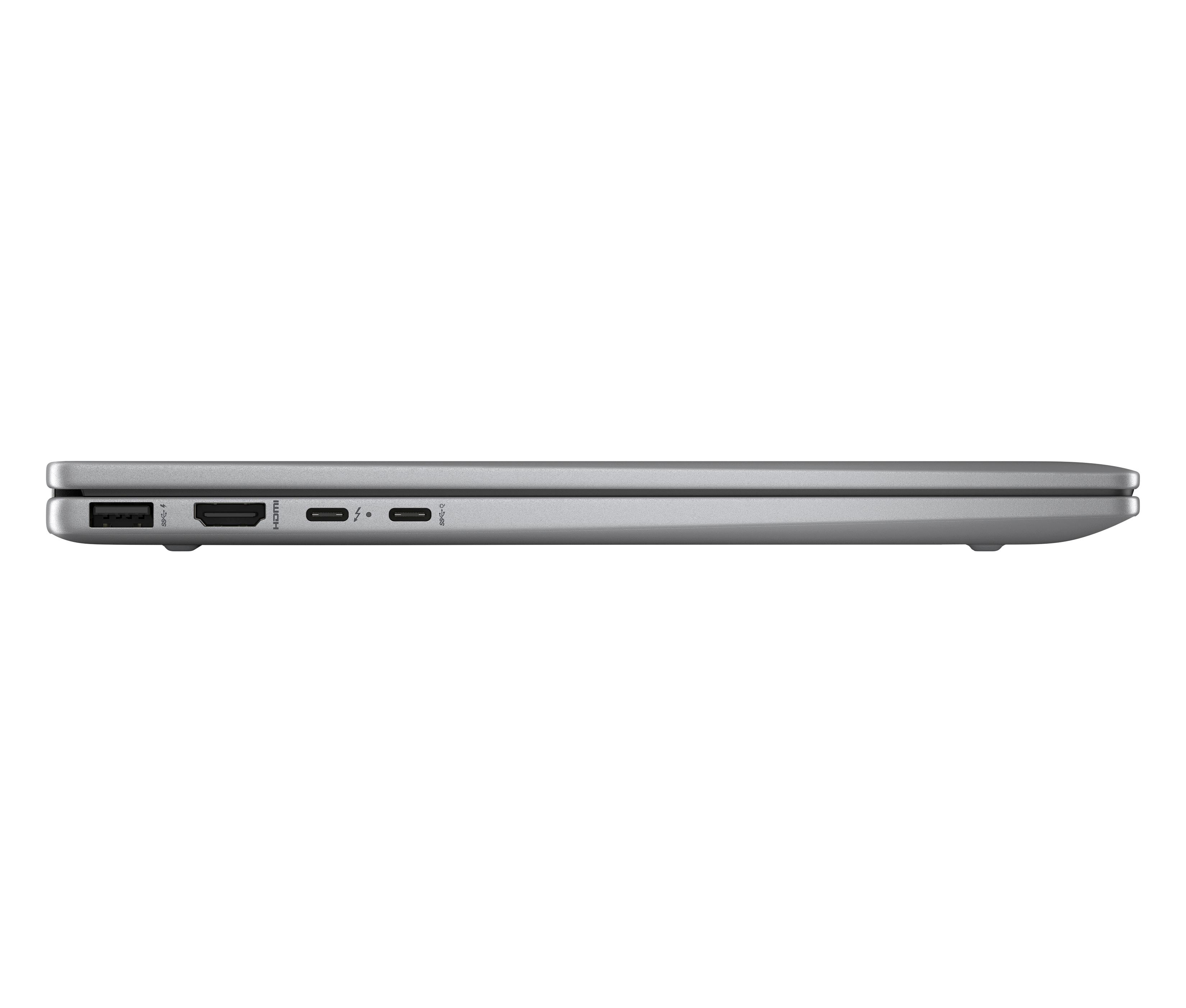 Seitenansicht eines silbernen Laptops mit sichtbaren Anschlüssen. Der Laptop ist geschlossen.