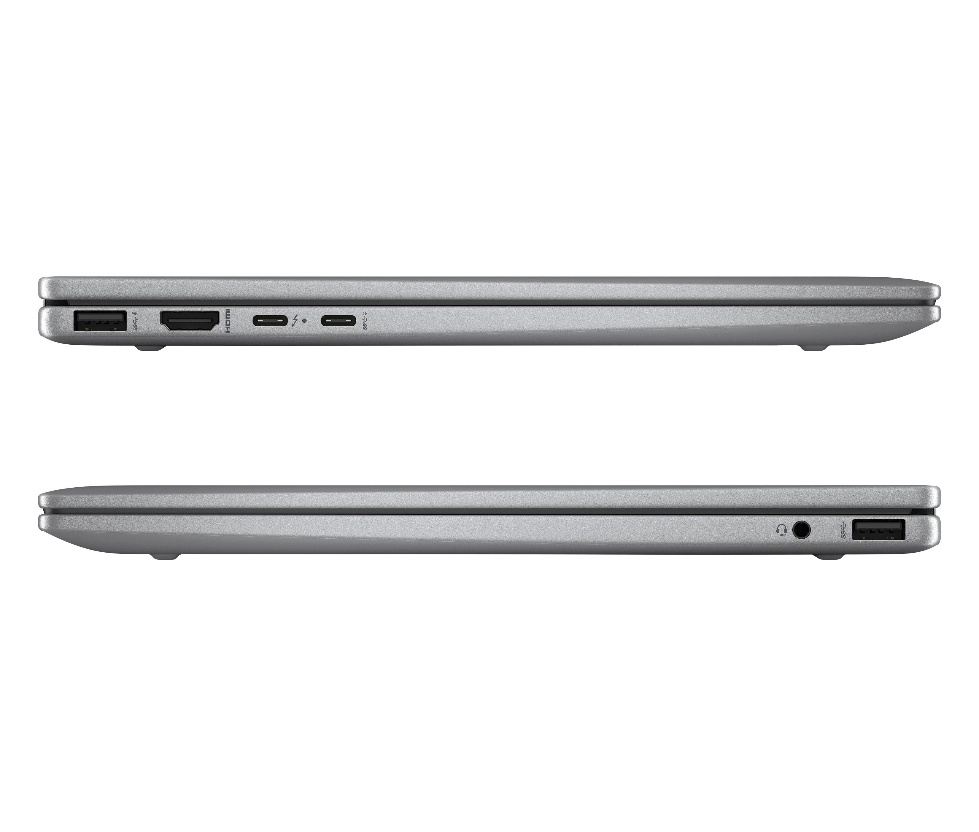 Zwei Seitenansichten eines silbernen Laptops. Die Anschlüsse sind an den Seiten sichtbar. Der Laptop ist geschlossen.