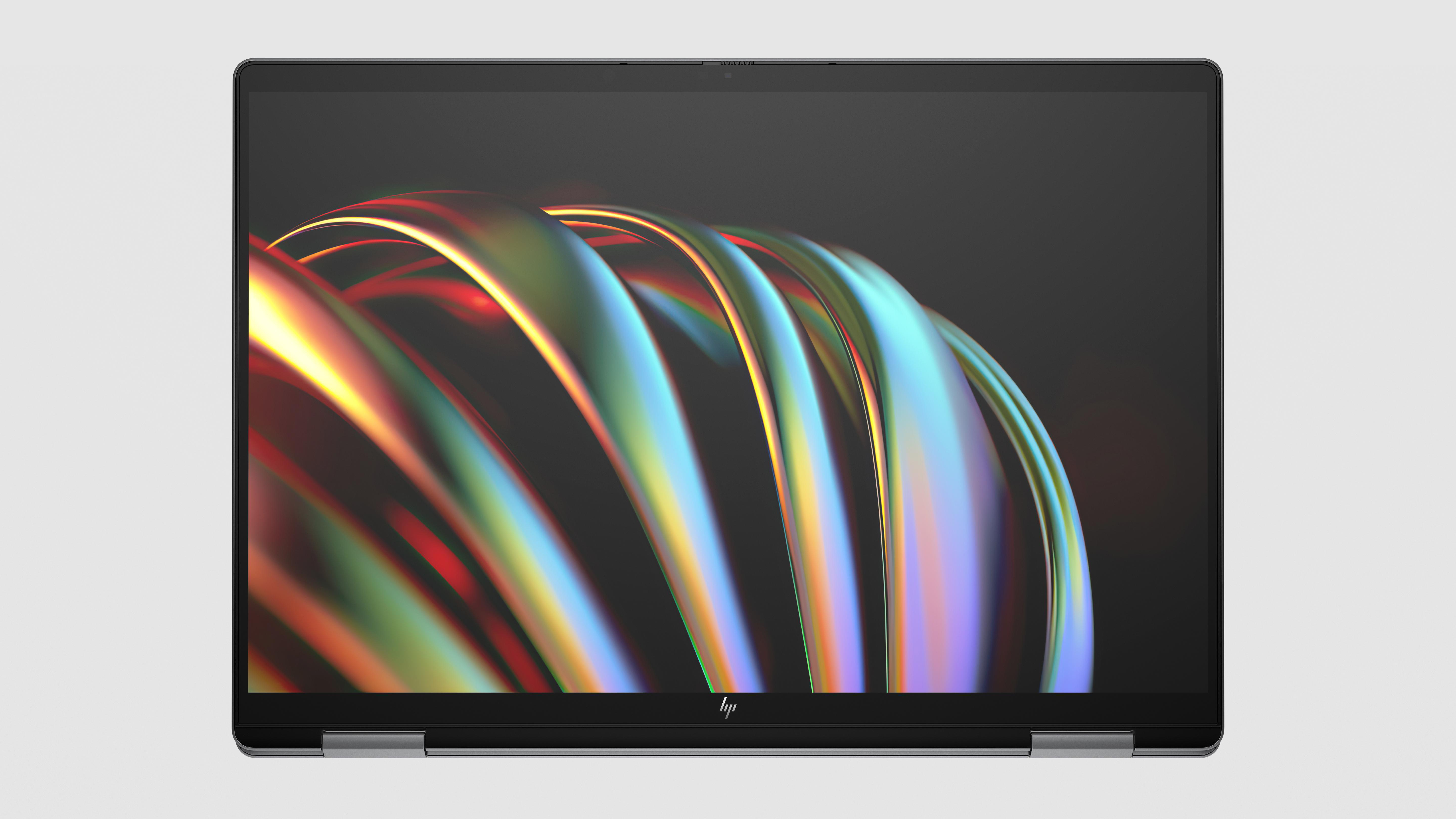 Ein HP-Laptop mit einem Display, das ein abstraktes, farbenfrohes Wirbeldesign zeigt.