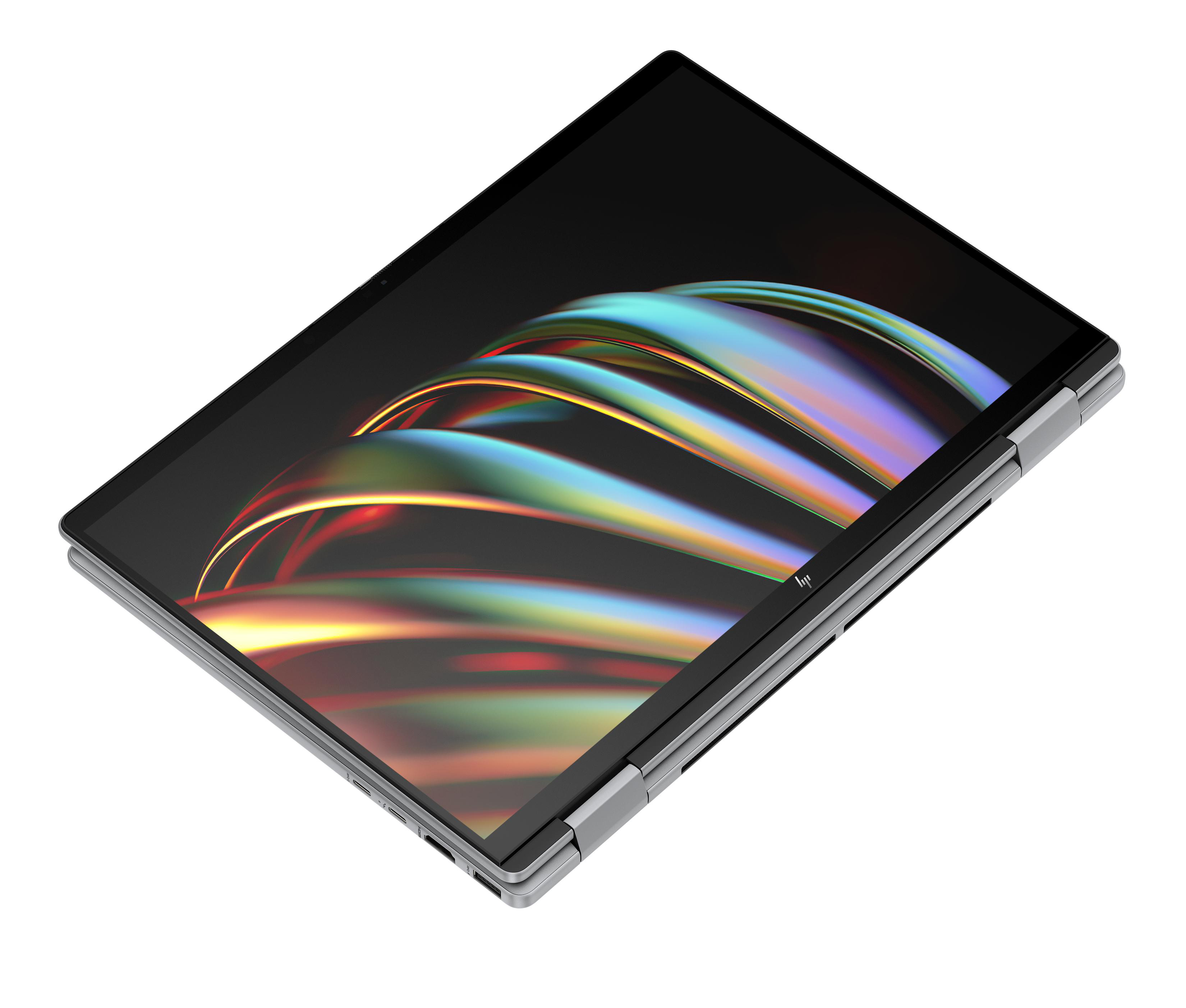 Laptop geöffnet, Bildschirm aus der Vogelperspektive. Der Bildschirm zeigt bunte Linien.