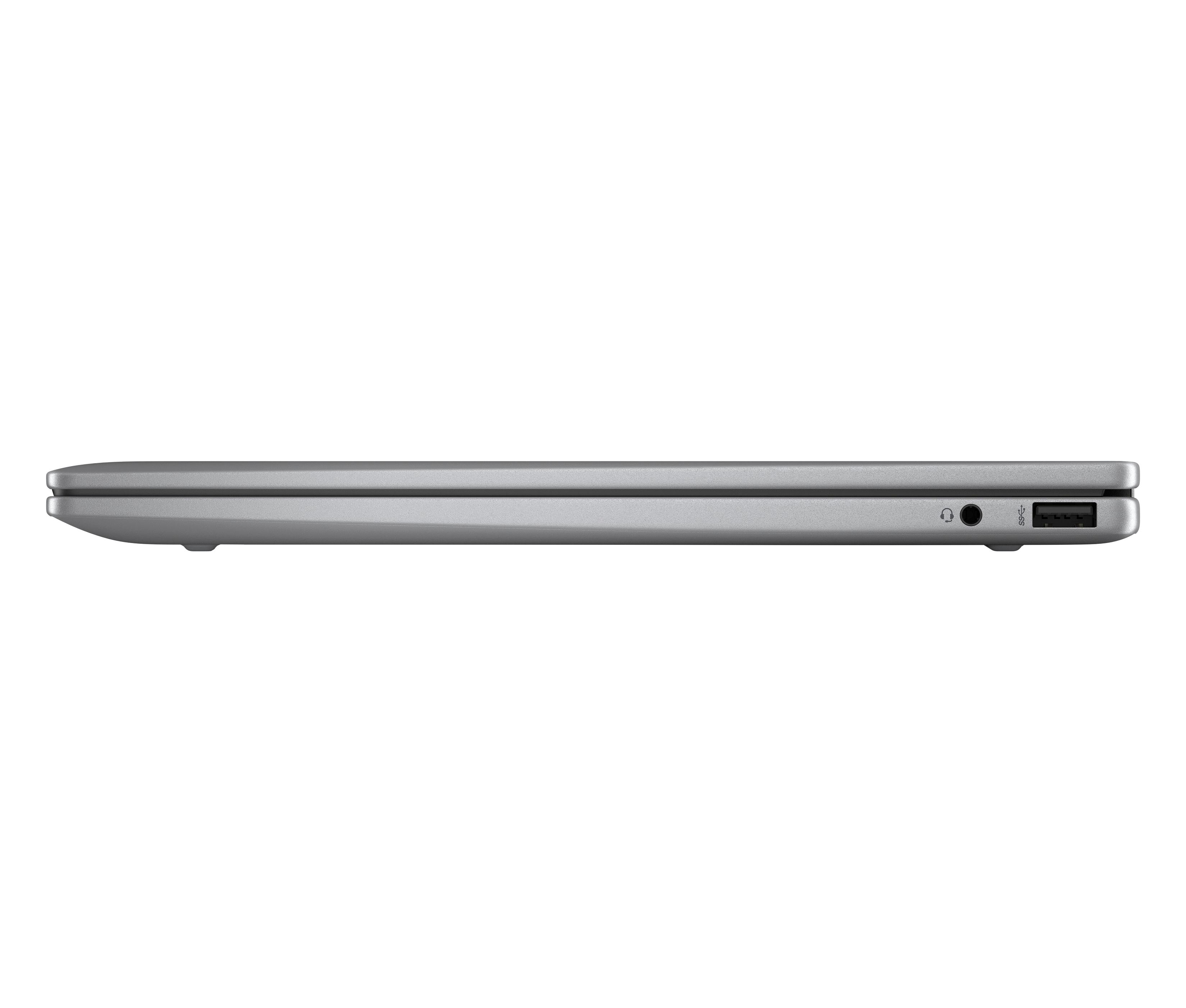 Seitenansicht eines grauen Laptops mit einigen Anschlüssen am Seitenrand.