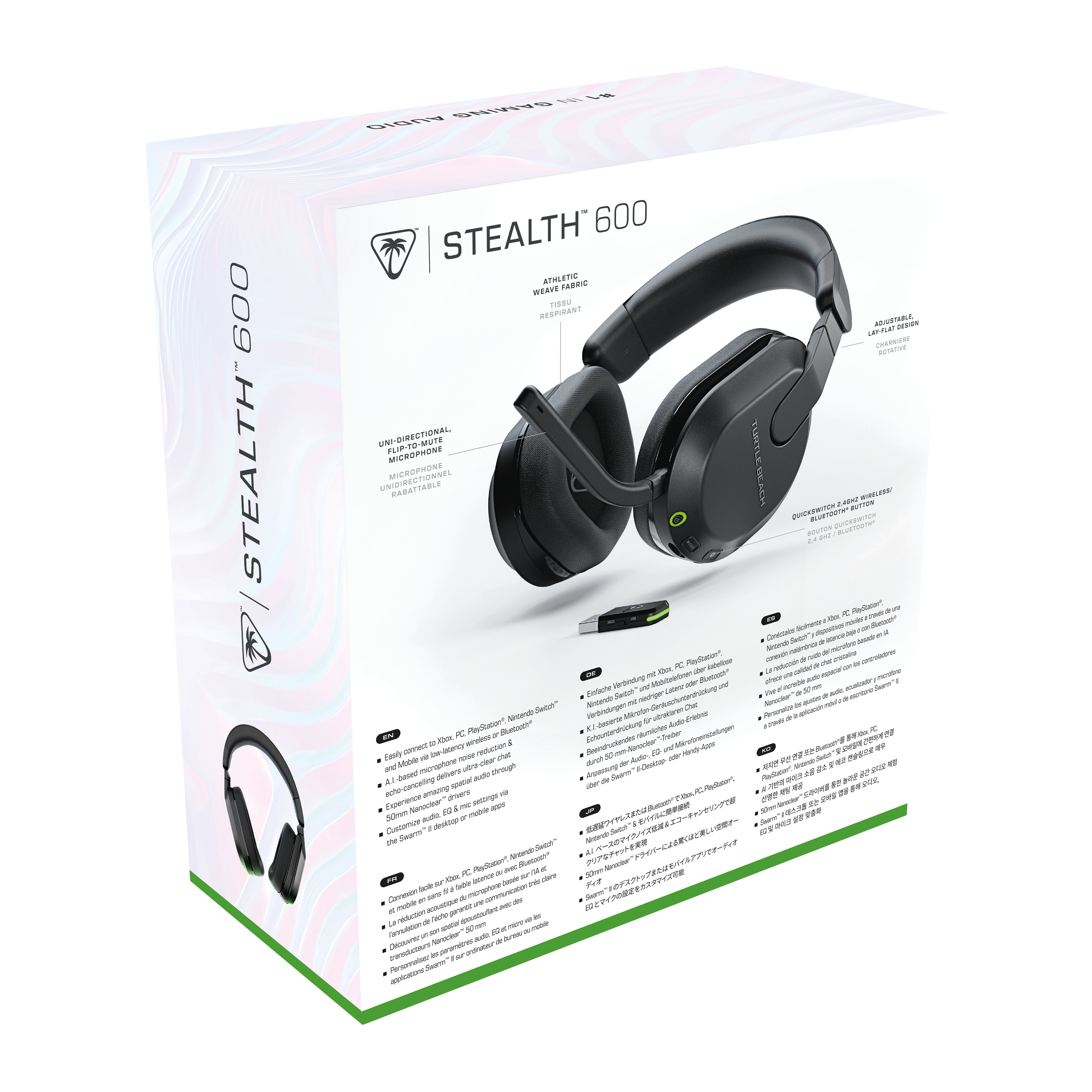 Verpackung des Stealth 600 Gaming-Headsets. Kopfhörer auf der Box, Funktionen beschrieben.