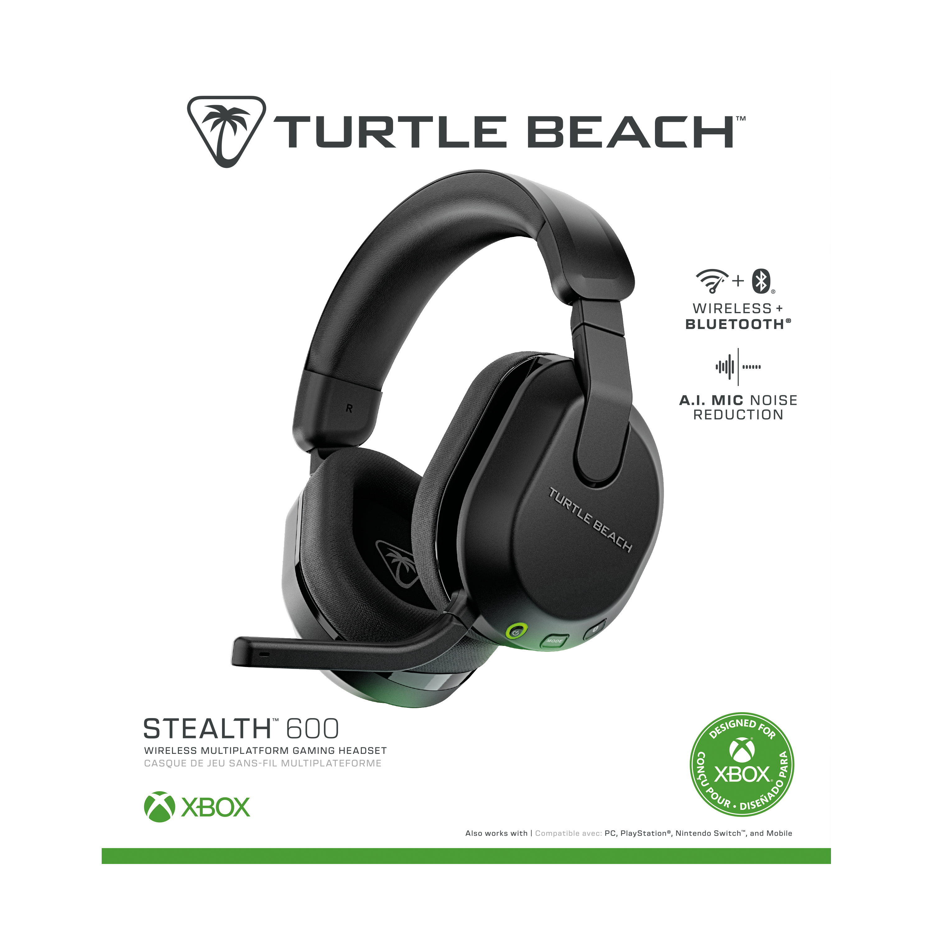 Schwarzes Turtle Beach Gaming-Headset mit Mikrofon, Winkelansicht, weißer Hintergrund.